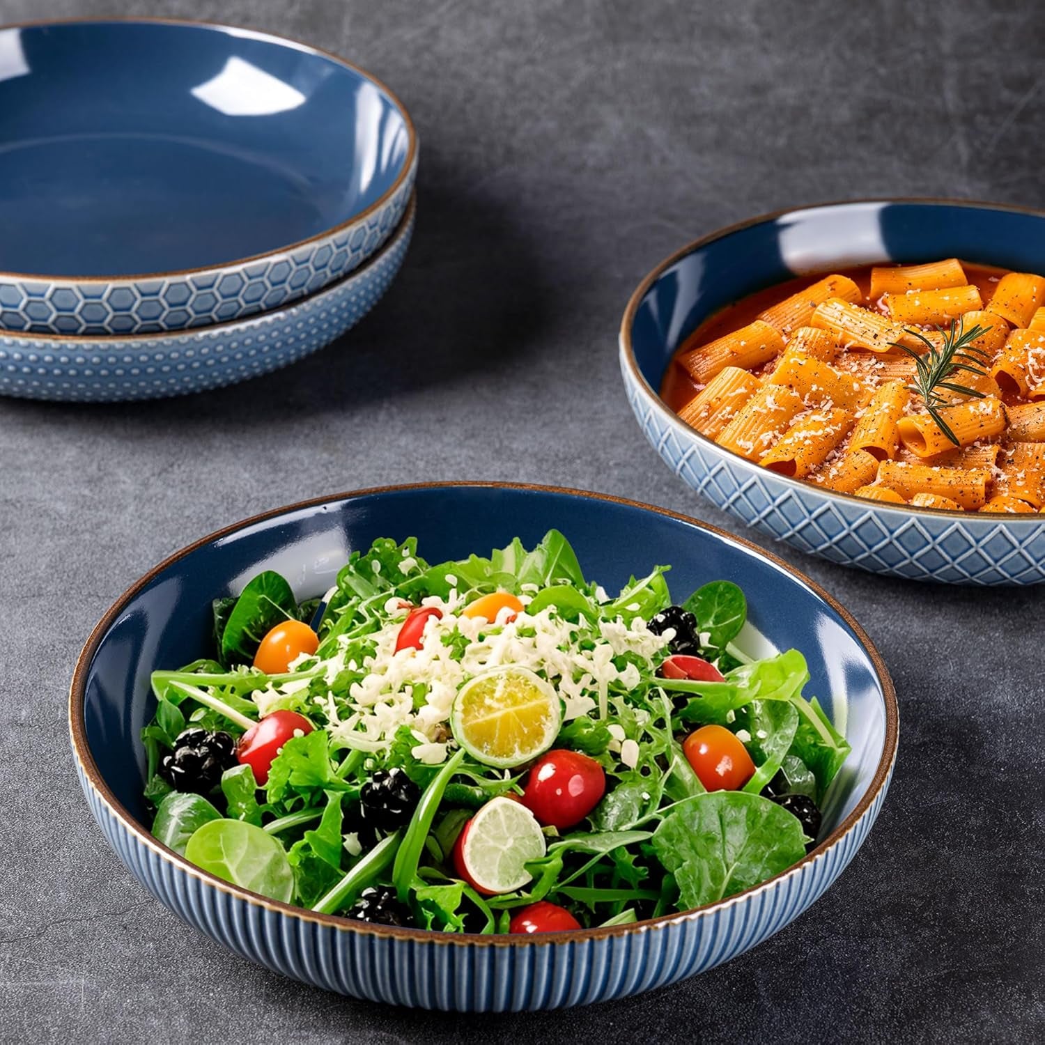 Large 9.5-Inch Stoneware Pasta Bowls, 42 Ounce Ceramic Serving Bowls with Textured Design for Salads, Fruits, Stews, and Noodles, Set of 4 in Moonlight Blue - Ideal Housewarming Gift