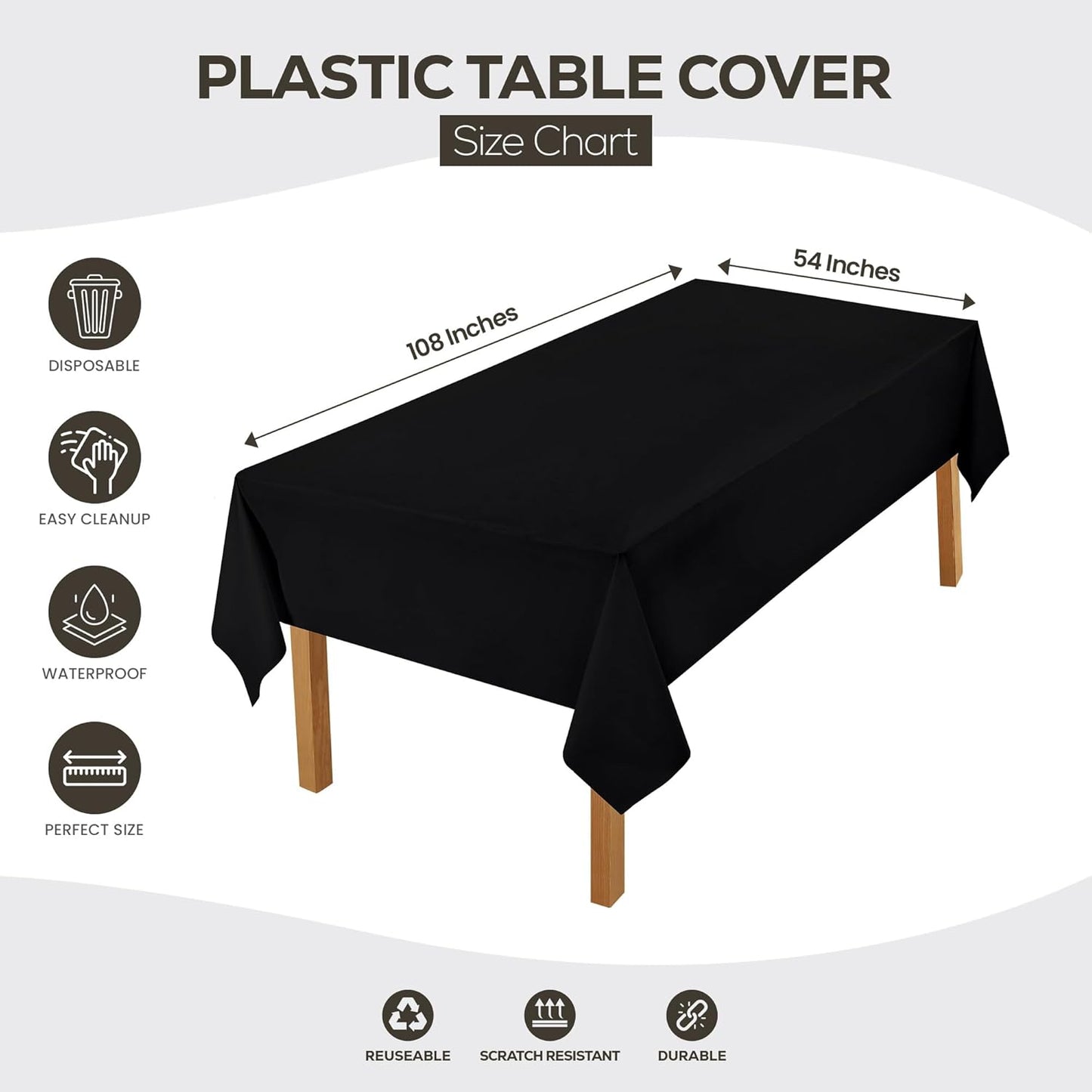 Plastic Table Cloth Disposable (12 Pack - 54X108 Inch) Black Rectangle Tablecloth Waterproof Stain Resistant Party Table Cover
