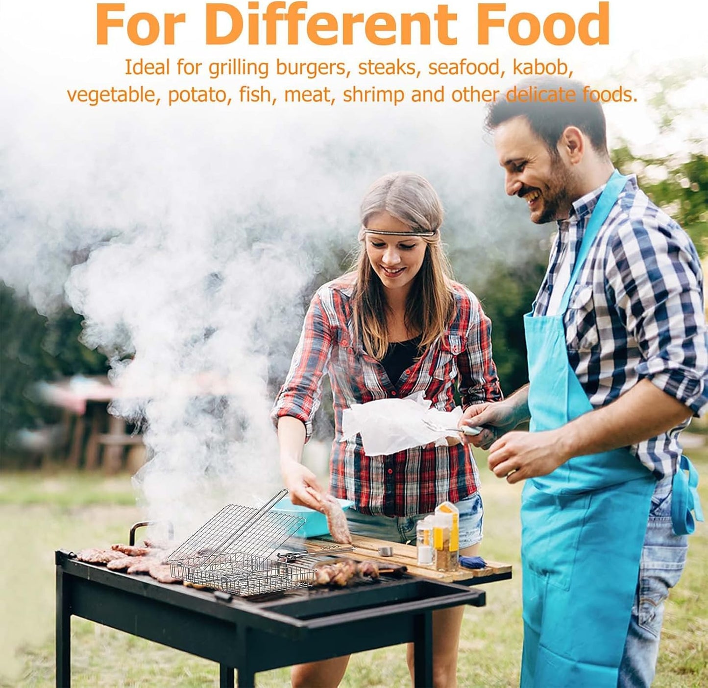 Grill Basket, Fish Grill Basket, Rustproof Stainless Steel BBQ Grilling Basket for Meat,Steak Etc, Grill Accessories,Grilling Gifts for Men Dad