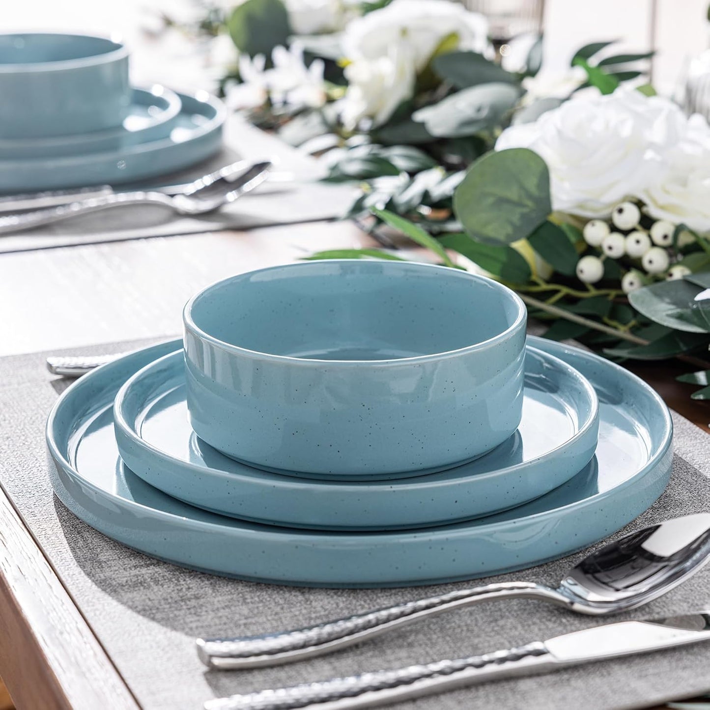 12-Piece Stoneware Dinnerware Set for 4 - Speckled Plates and Bowls with Glazed Bottom, Chip and Scratch Resistant, Dishwasher and Microwave Safe (Stone Blue)