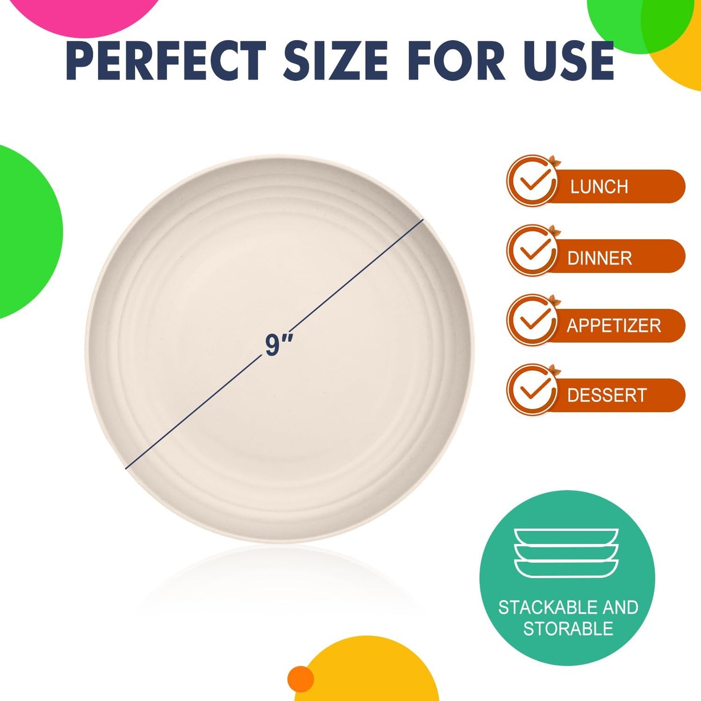 Set of 8 Unbreakable 9-Inch Wheat Straw Dinner Plates, Dishwasher and Microwave Safe, Modern Beige Design