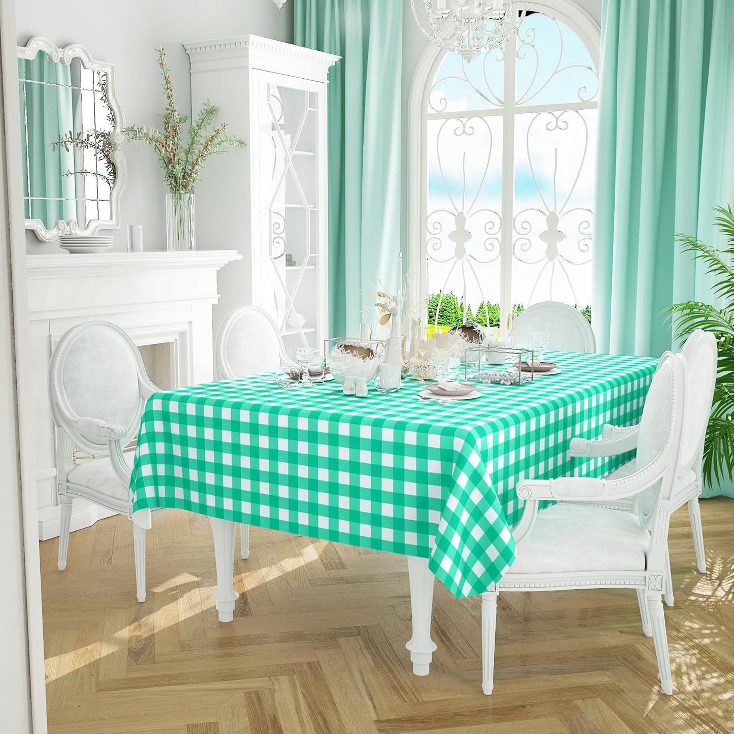 Rectangle Waterproof Vinyl Table Cloth, Buffalo Flannel Backed Tablecloth, Wipeable Plastic Table Cover for Dinner, Kitchen, Outdoor (60" X 84", Green and White)