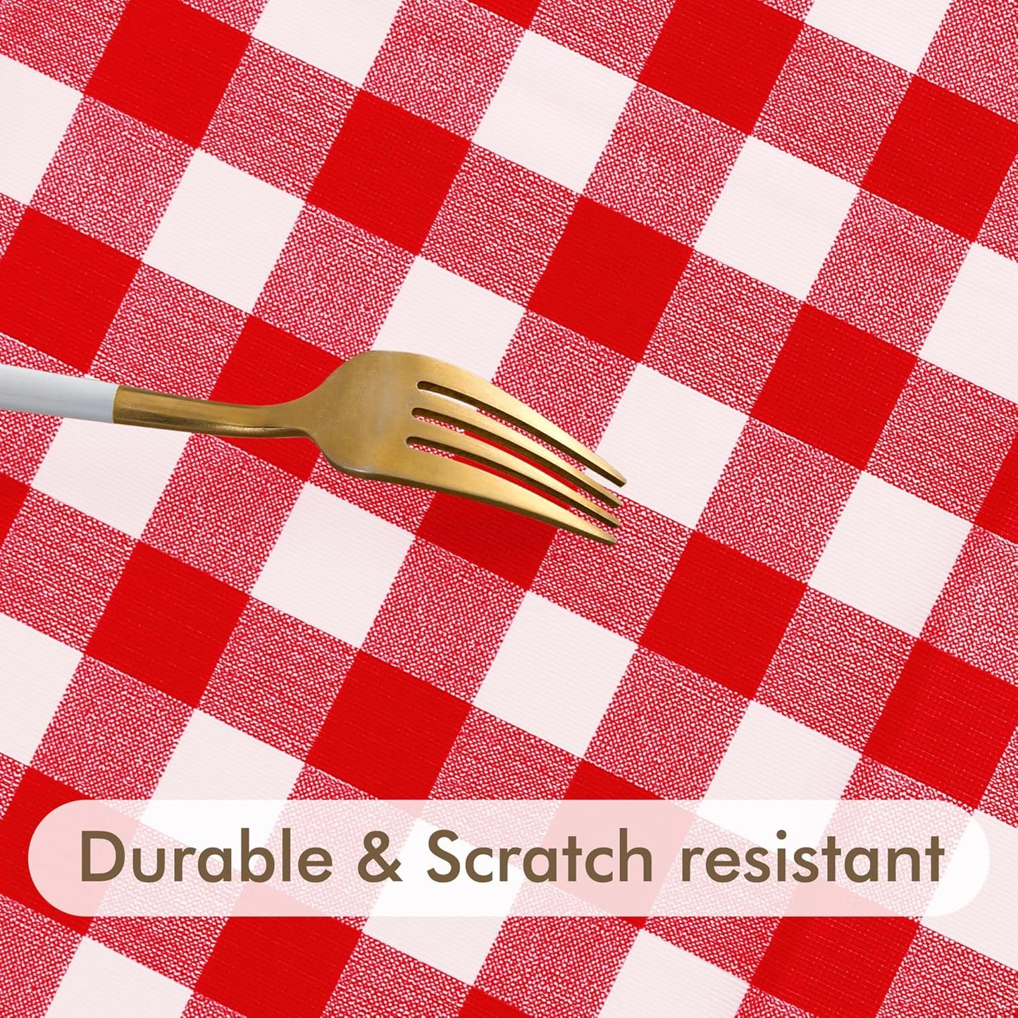 Waterproof Fitted Round Tablecloth with Elastic - Set of 4 Gingham Vinyl Table Covers with Flannel Backing for Outdoor Use, Red and White (Designed for 57"-68" Round Tables)