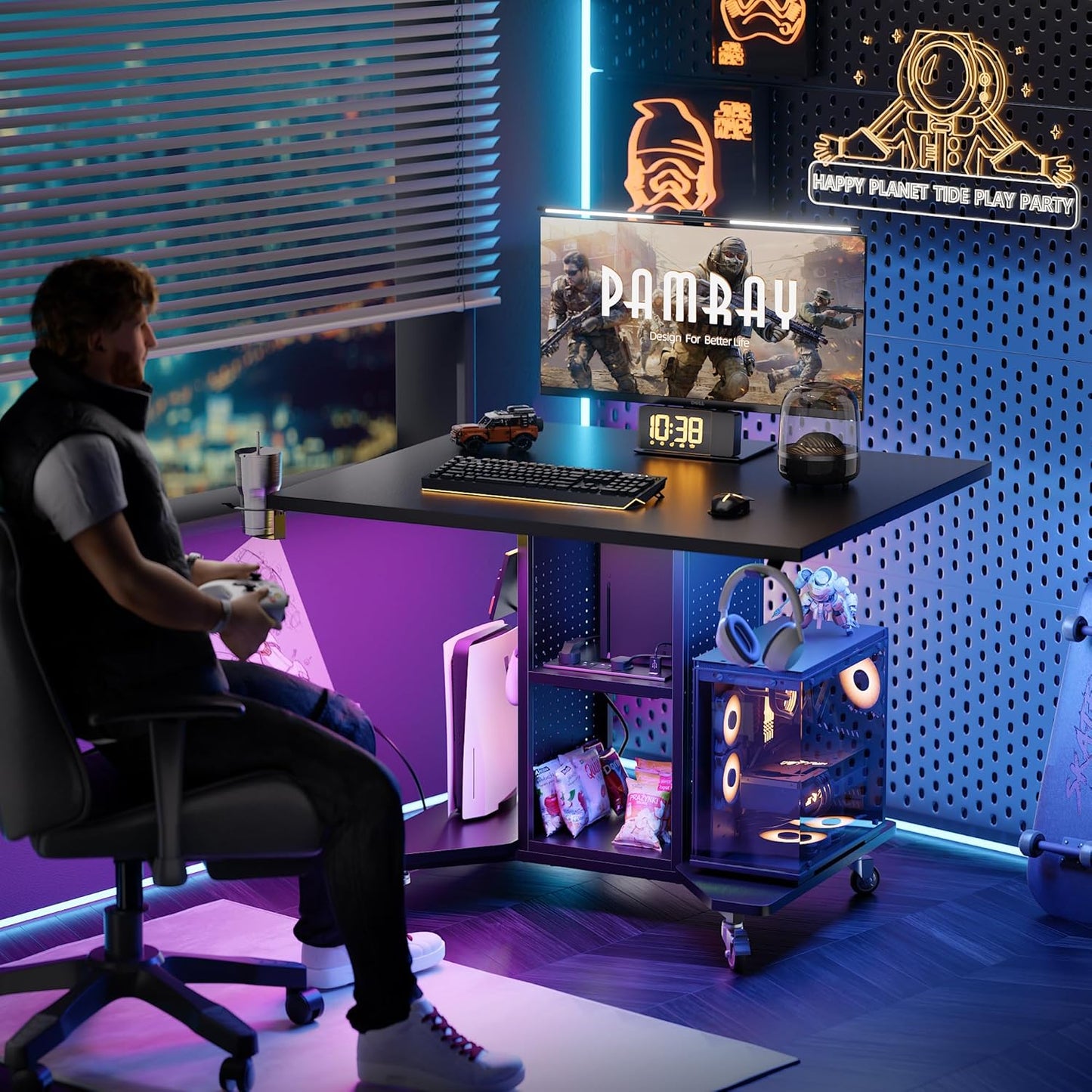 Small Rolling Gaming Desk with Led Lights Power Outlets and Storage Pegboard, Small Spaces Compact PC Computer Table Balck