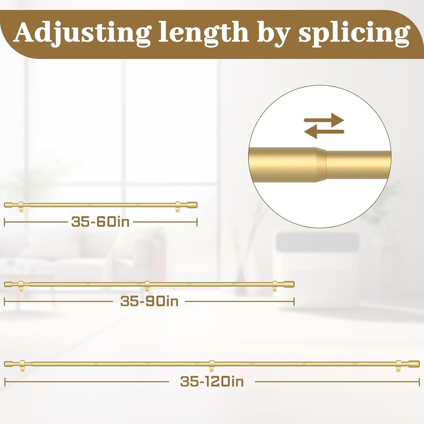 Curtain Rods for Windows 28 to 48-60 Inches, 5/8 Inch Gold Adjustable Small Curtain Rod Set with Brackets for Bedroom Living Room