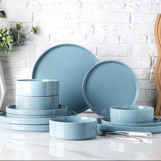 12-Piece Stoneware Dinnerware Set for 4 - Speckled Plates and Bowls with Glazed Bottom, Chip and Scratch Resistant, Dishwasher and Microwave Safe (Stone Blue)