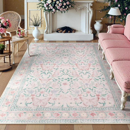 8X10 Butterfly Pink Area Rug for Living Room, Soft Boho Kids Rugs for Bedroom Classroom Rubber Backed, Thin Stain Resistant Floral Large Carpet Non Shedding for Playroom