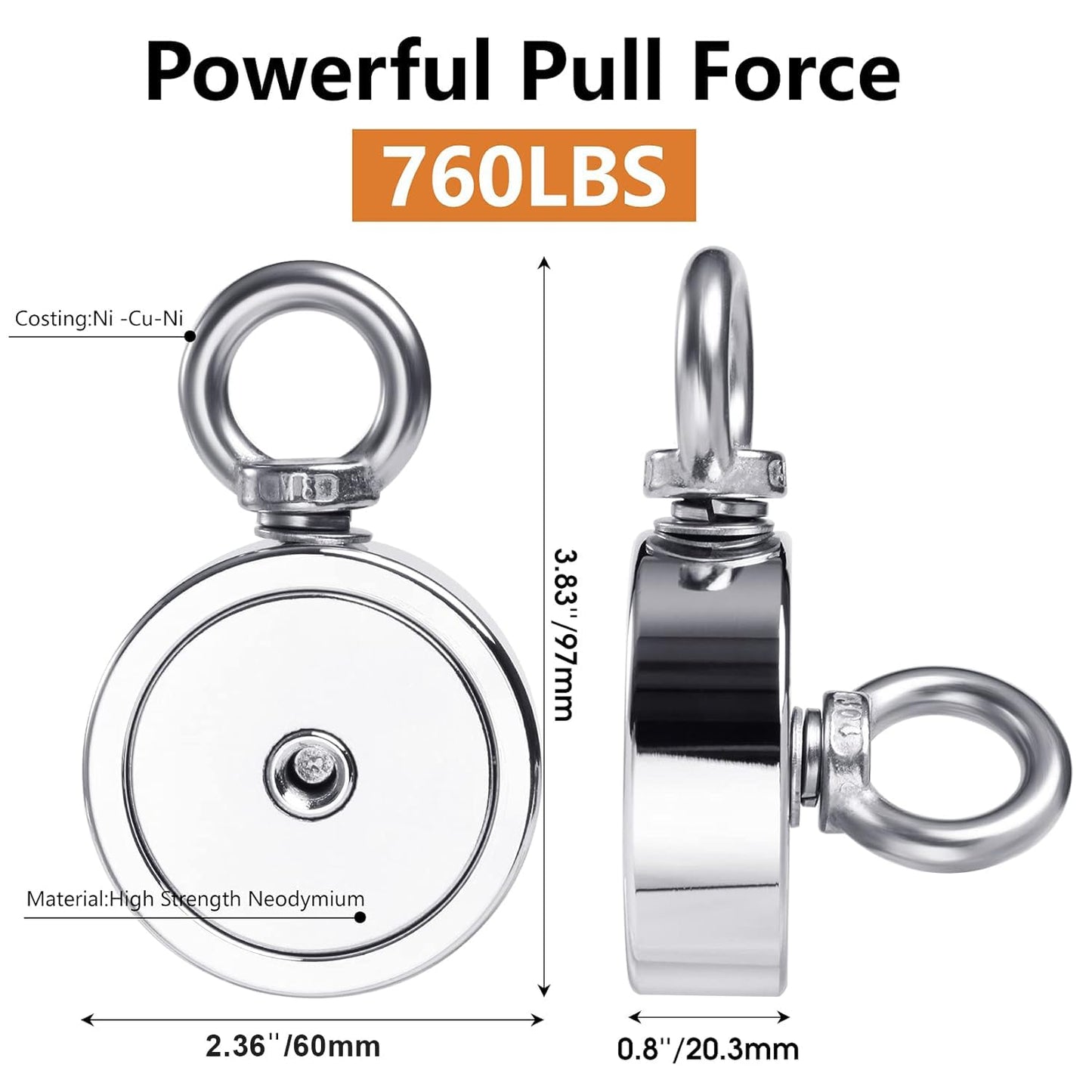 Professional Magnet Fishing Kit - 760 LBS Pulling Power with Grappling Hook, Heavy-Duty 65FT Rope, Gloves, and Locking Carabiner - 2.36 Inch Diameter