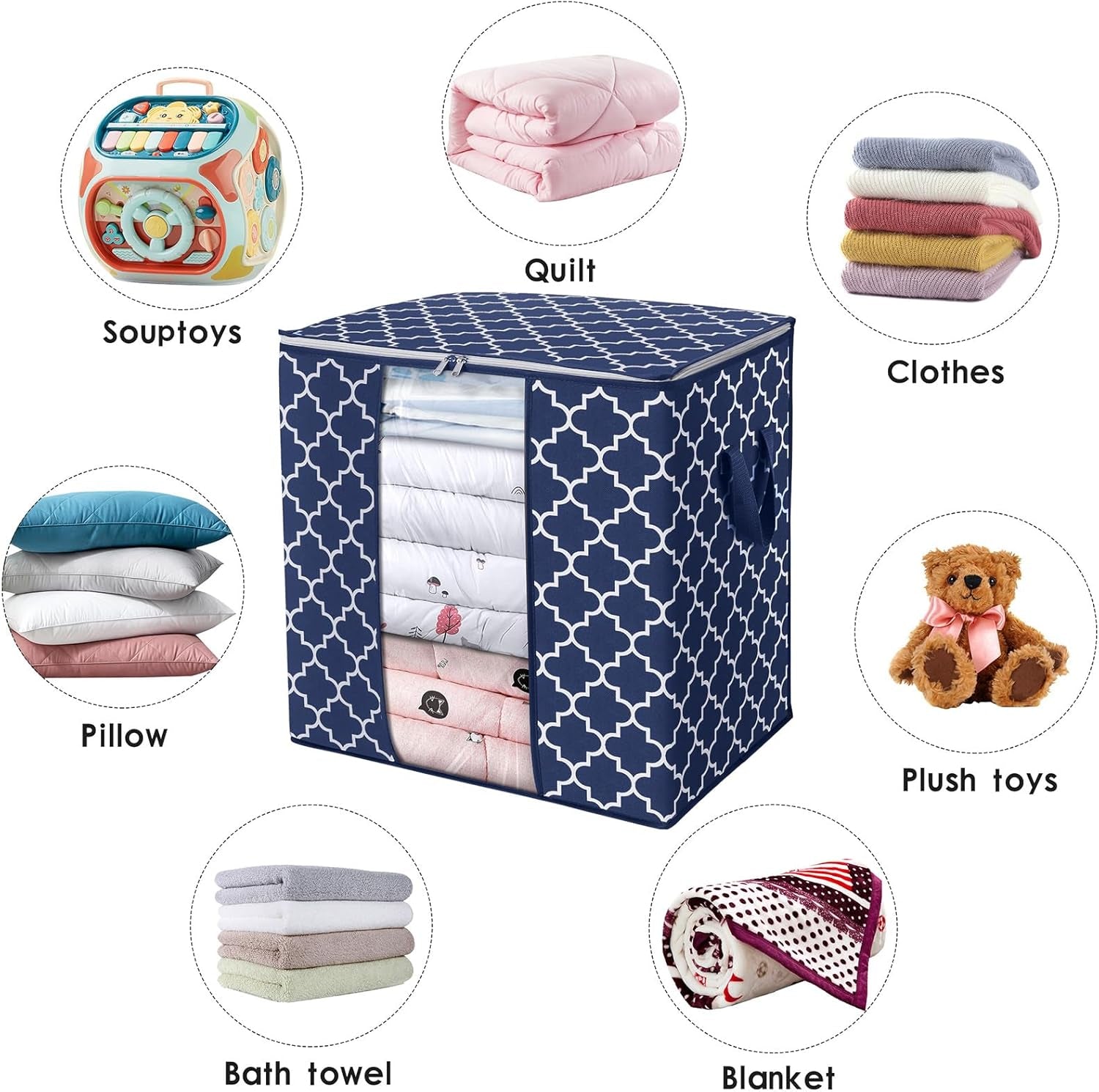 Storage Bags 3 Pack/100L Large Blanket Clothes Organization and Storage Containers for Comforters,Bedding, Foldable Organizer with Reinforced Handle, Clear Window, Sturdy Zippers,Blue