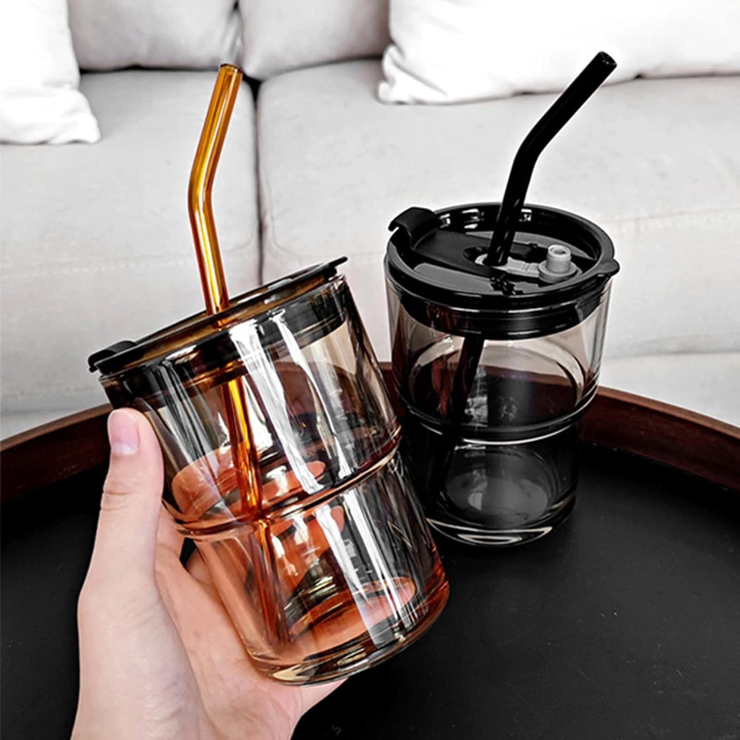 13 Oz Tumbler Water Glass, Water Bottle with Straw and Dustproof Lid, Coffee Ice Cup Double Wall Insulated Glass Cup (Amber-4Pack)