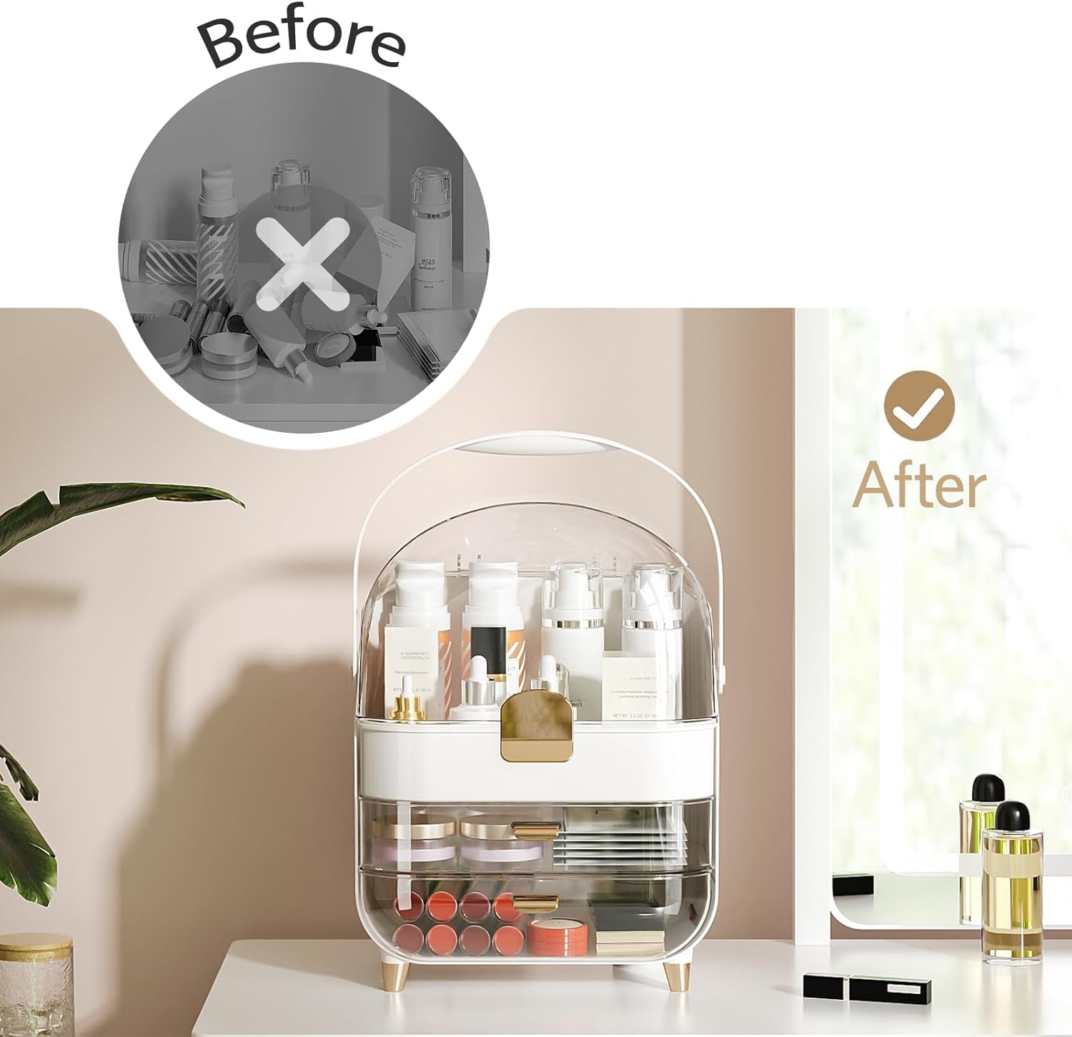 Makeup Organizer for Vanity, Skincare Organizer with Lid and Drawers, Bathroom Counter Organizer Perfume Makeup Storage, Large Cosmetic Display Case for Dresser, Bathroom Countertop, White