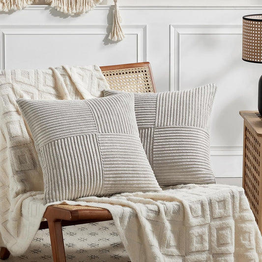 2 Packs Neutral Grey Decorative Throw Pillow Covers 18X18 Inch for Living Room Couch Sofa, Rustic Farmhouse Boho Home Decor, Soft Corss Corduroy Patchwork Textured Square Cushion Case 45Cm