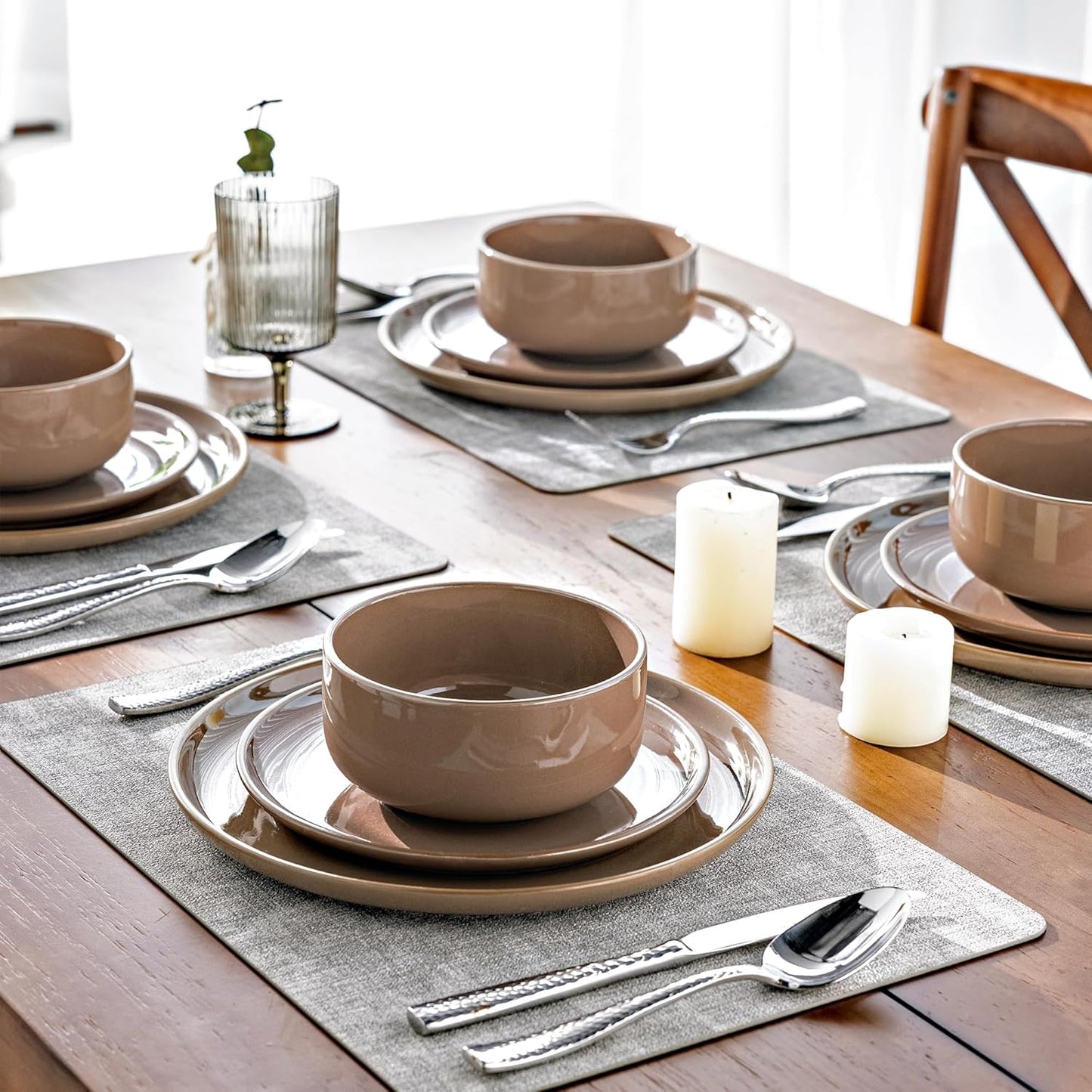 Ceramic Dinnerware Set for Four - 12-Piece Stoneware Plate and Bowl Collection with Reactive Glaze, Scratch Resistant, Dishwasher and Microwave Safe