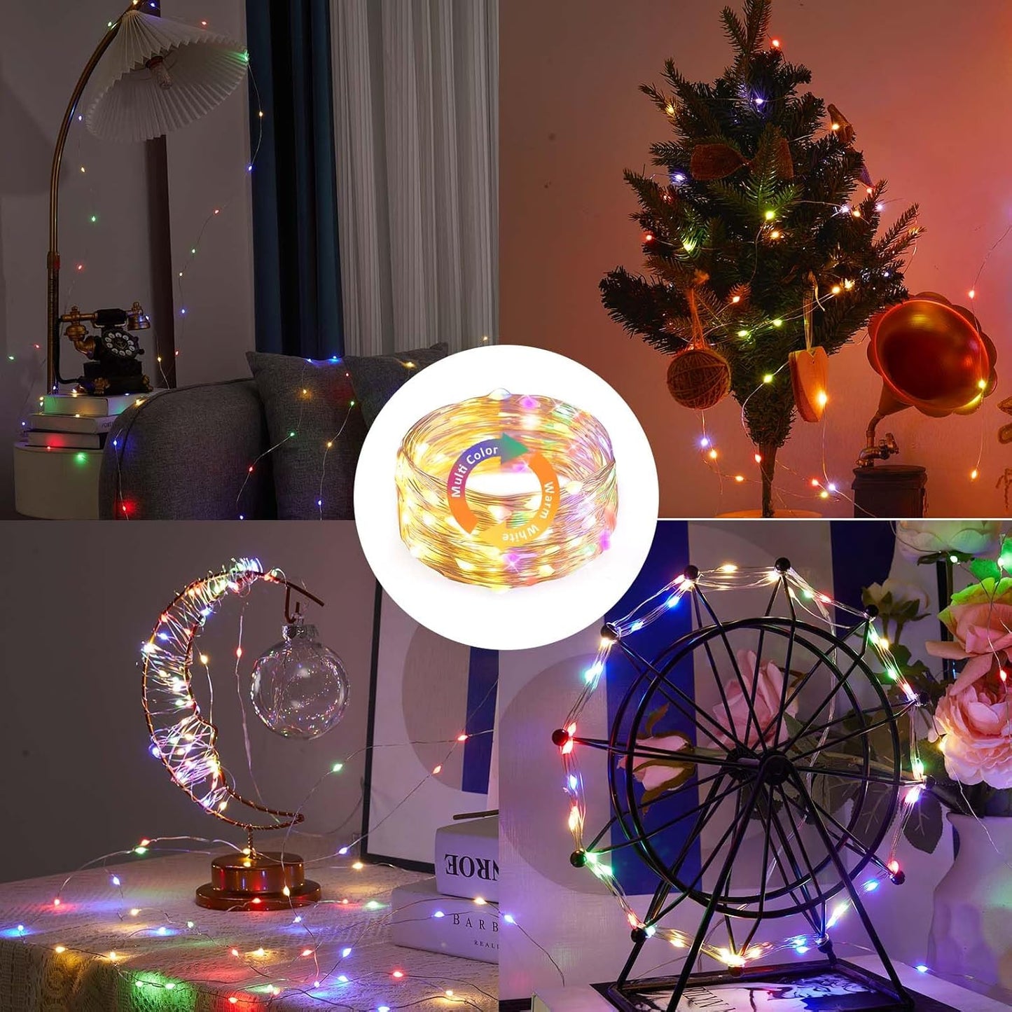 1 Pack Warm White & Multi-Color Battery Operated String Lights, 5M/16.4Ft. 50 Leds Remote Control Timer 12 Modes Optional Twinkle Battery Powered Fairy Lights Sliver Wire Firefly Lights