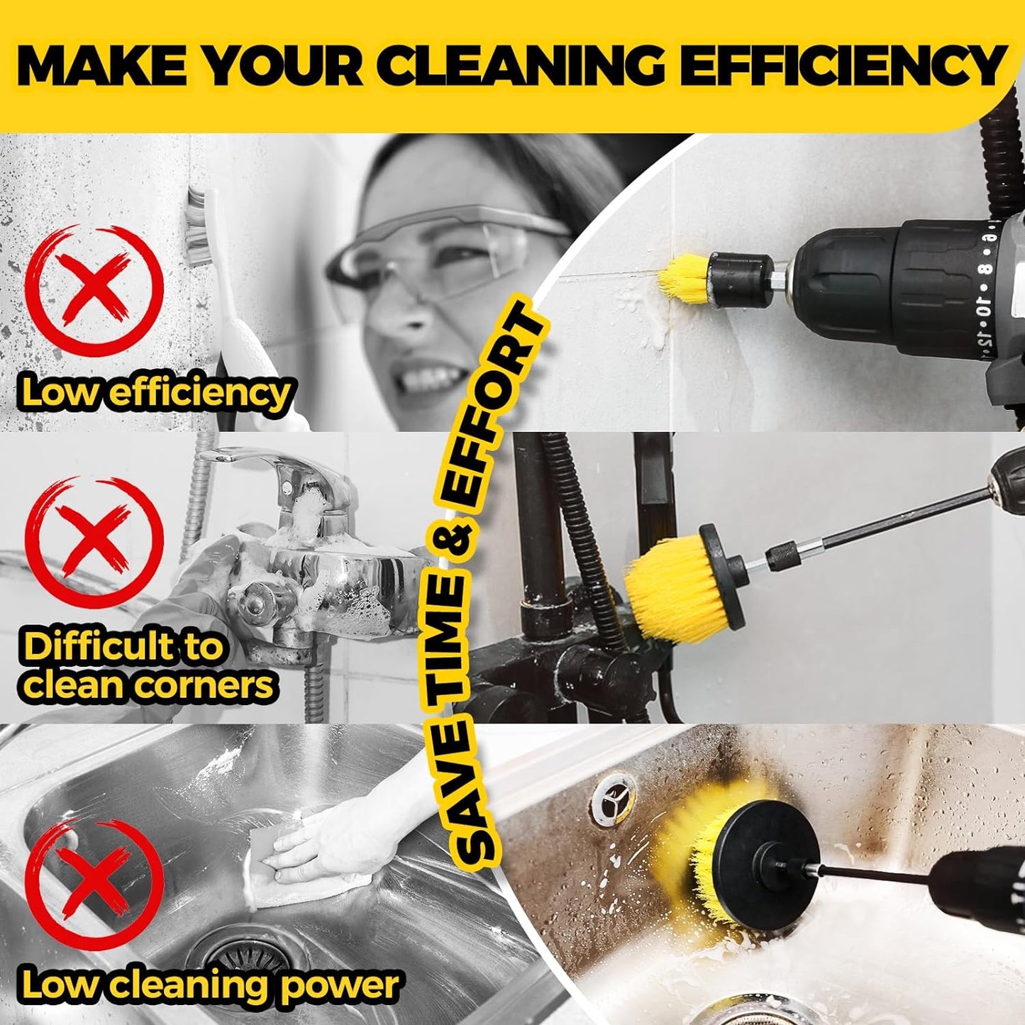 6Pack Drill Brush Power Scrubber Cleaning Brush Extended Long Attachment Set All Purpose Drill Scrub Brushes Kit for Grout, Floor, Tub, Shower, Tile, Bathroom and Kitchen Surface,Yellow