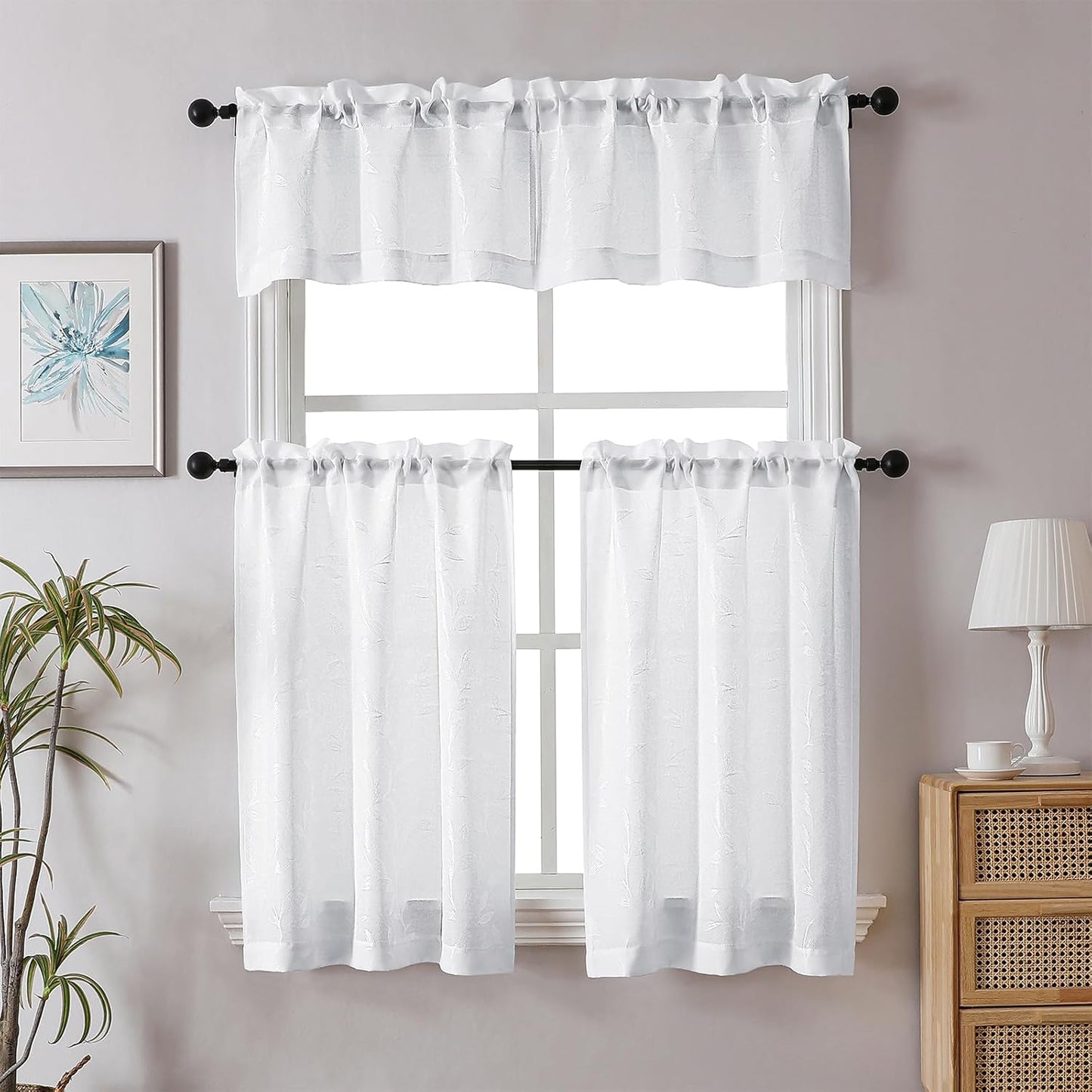 Mila White Kitchen Tier Curtains, 36 Inch Length, Semi Sheer Leaf Jacquard Textured Small Cafe Curtains, Light Filtering, Each 30Wx36L, 2PCS