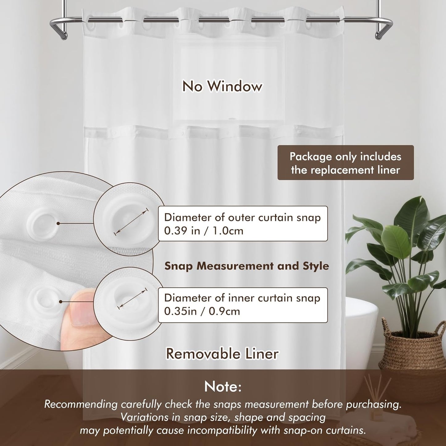 Fabric Snap-In Shower Curtain Liner Replacement, Removable & Washable, Hotel Style, 70X54, White