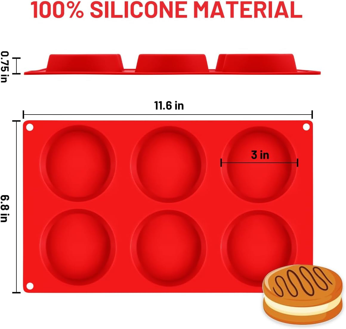 Muffin Top Pan, Silicone Molds for Breakfast Sandwiches, English Muffins, Whoopie Pies, Corn Bread, Egg Bites, Tarts - 2 Pack Red
