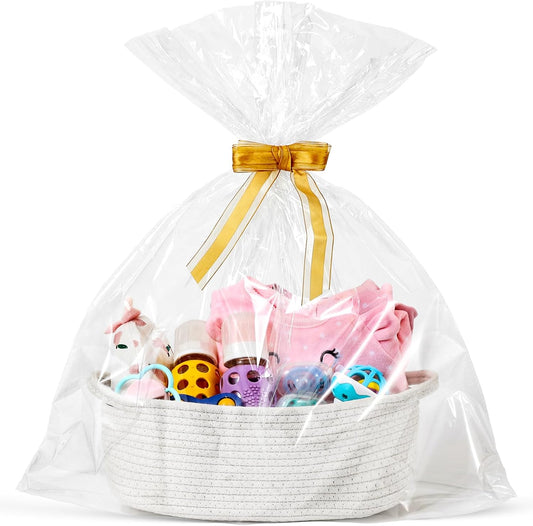Small Woven Basket with Gift Bags and Ribbons, Empty Decorative Gift Chest Box, Cute Baby Gift Basket for Nursery, Cotton Rope Room Shelf Storage Basket with Handles, 12"X 8"X 5",White
