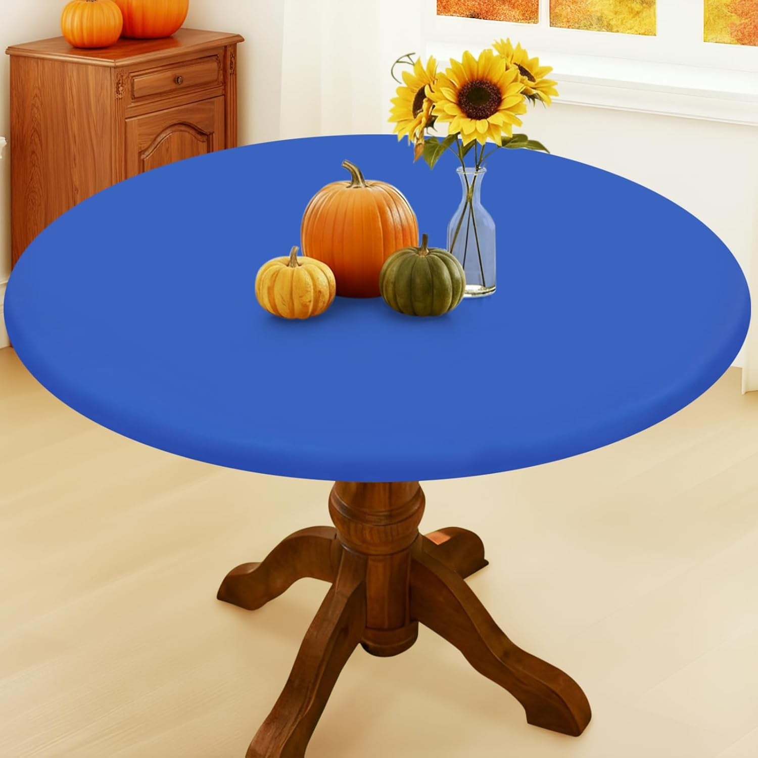 round Picnic Tablecloth, Waterproof Elastic Fitted Table Covers for 36" - 44" Tables, Wipeable Flannel Backed Vinyl Tablecloths for Camping, Indoor, Outdoor, Blue