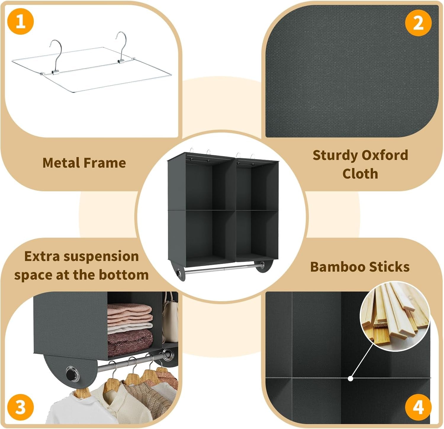 4-Section Hanging Closet Organizer and Storage, Heavy Duty Hanging Shelves with Rod, Closet Storage for College Dorms, RV, Dark Grey
