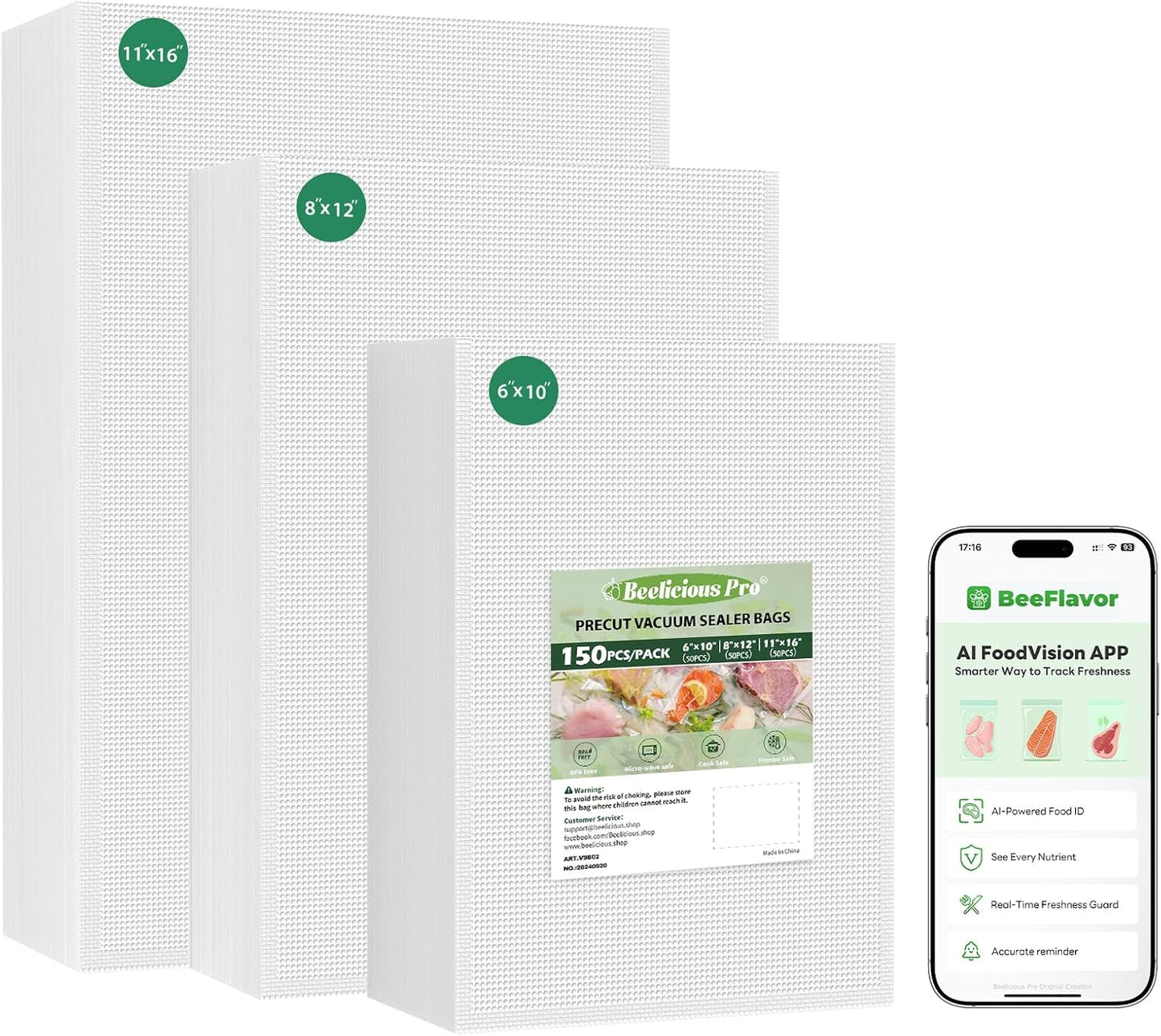 Vacuum Sealer Bags for Food Storage 150 Gallon 11" X 16" and Quart 8" X 12" and Pint 6" X 10", with Bpa-Free, Commercial Precut Vacuum Seal Bags for Sous Vide & Seal a Meal