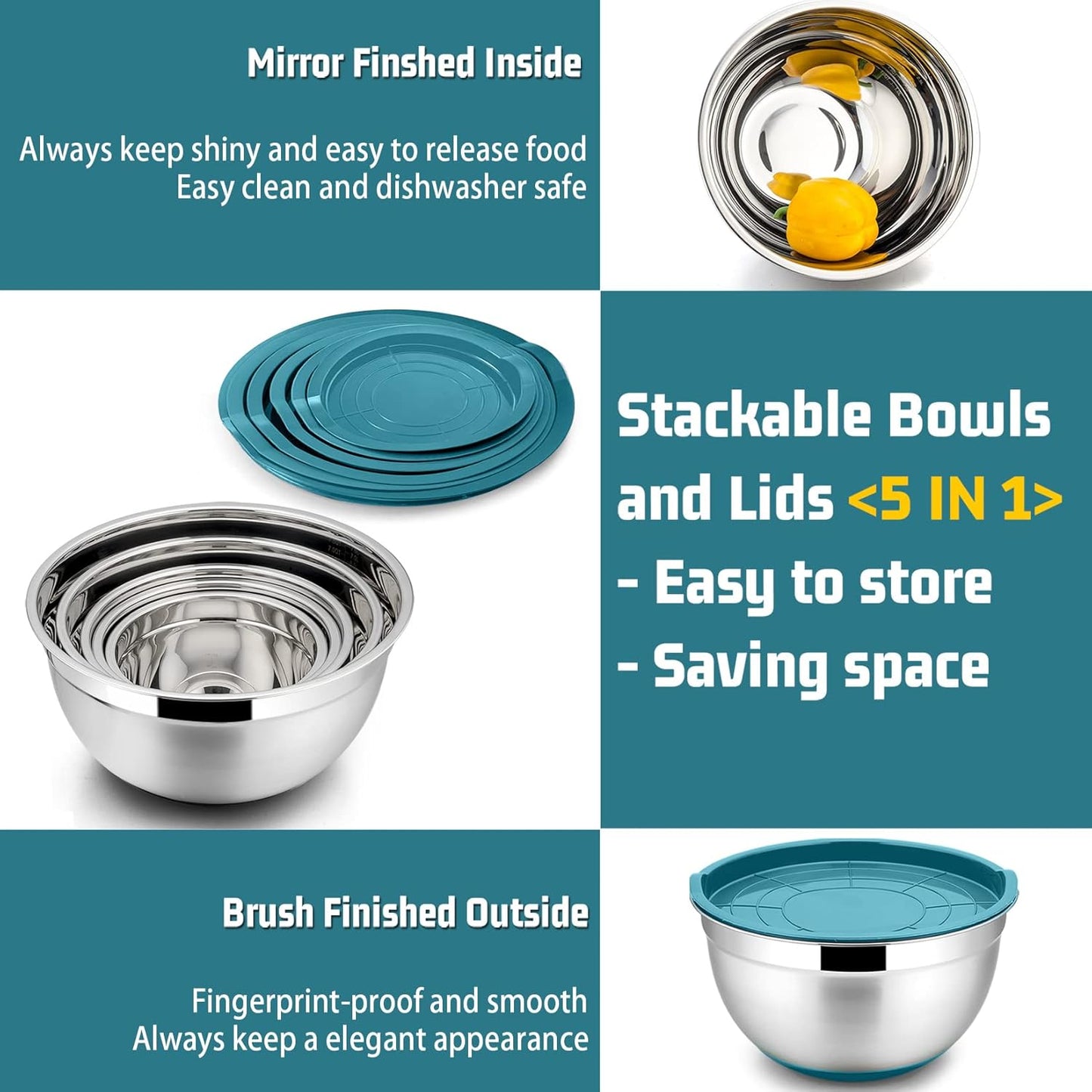 Mixing Bowls with Lids Set of 5, Stainless Steel Nesting Salad Bowl with Lid & Base for Non-Slip Mixing Prepping Storing Serving, 5 Sizes-7/3.5/2.5/1.5/1 QT, Blue