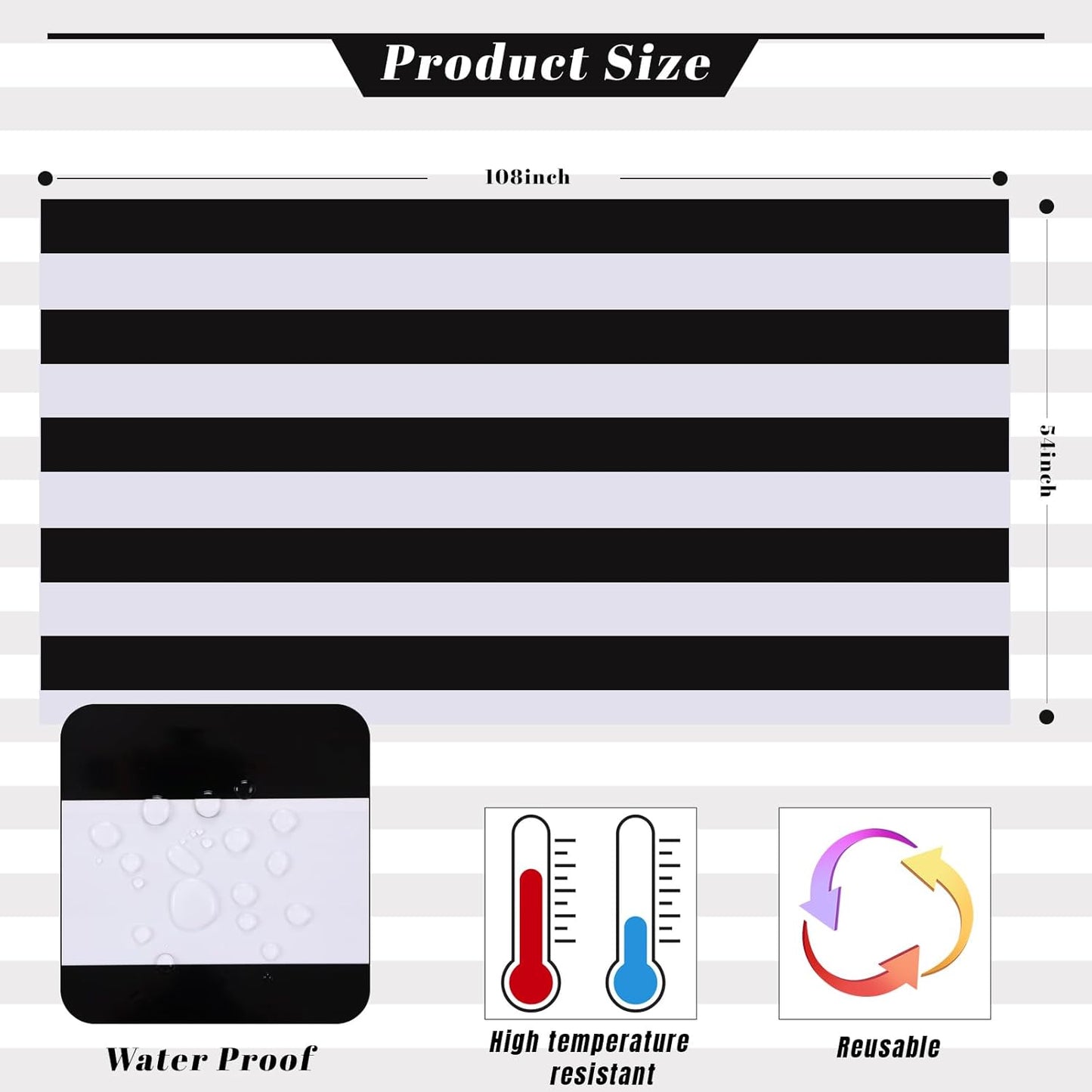 3 Packs Black and White Vertical Striped Tablecloth 54 X 108 Inch Geometric Black Stripe Table Cloths Disposable Plastic Stripe Table Covers Waterproof Picnic Tablecover for Camping Party
