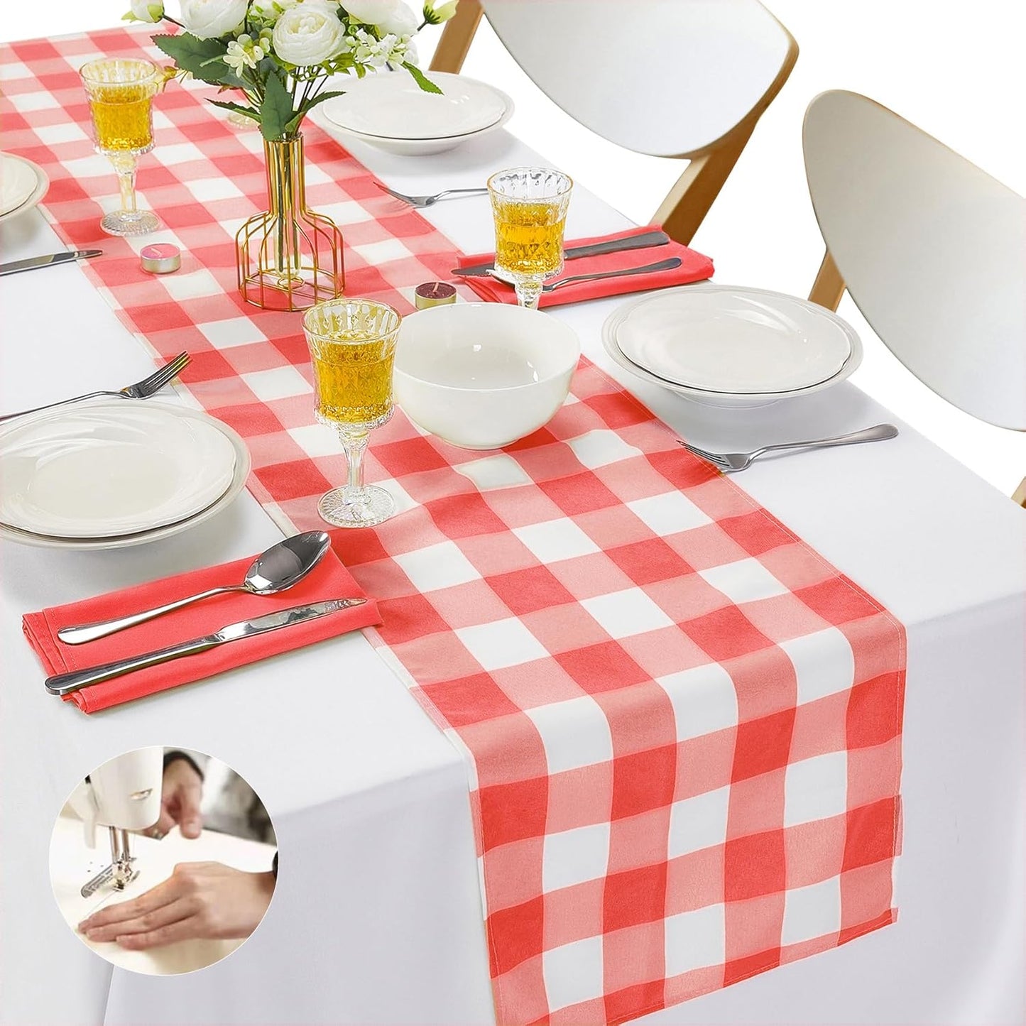 Fabric Checkered Table Runner 1 Pack Waterproof Gingham Table Runner 14W X 108L Buffalo Check Table Runners for Parties Kitchen Dining Wedding Banquet (Red and White)