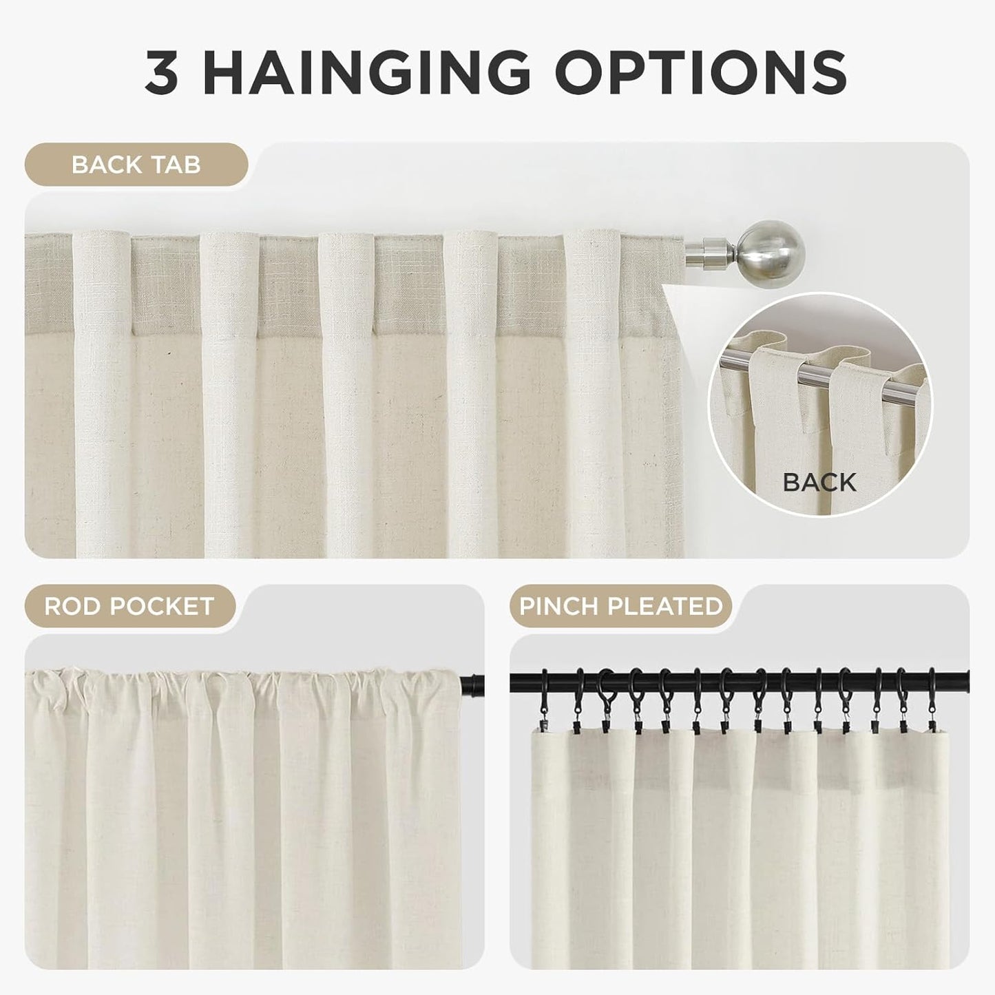Linen Curtains 96-Inch Length, 2-Panel Set, Light Filtering Drapes for Living Room and Bedroom, 52-Inch Width with Rod Pocket and Back Tab (Ivory on Linen)