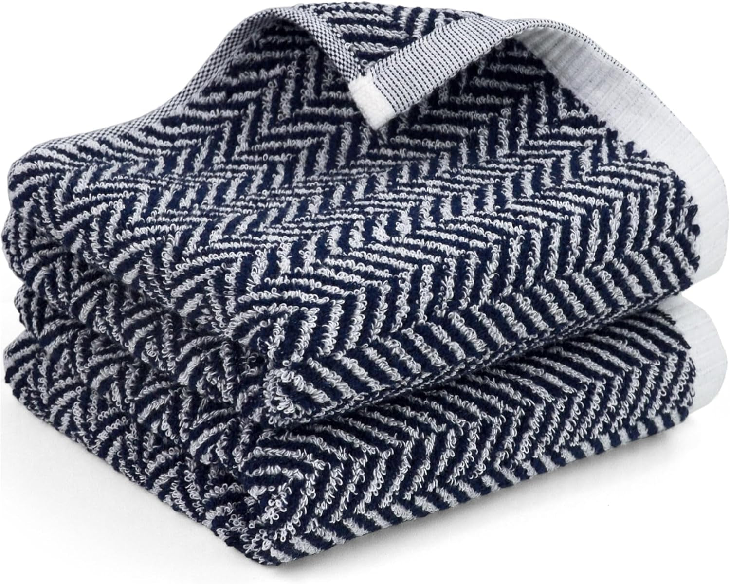 Hand Towels for Bathroom with Decorative Herringbone Stripes, 100% Cotton, 13 X 28 Inches, Navy-Blue and White, 2 Pack
