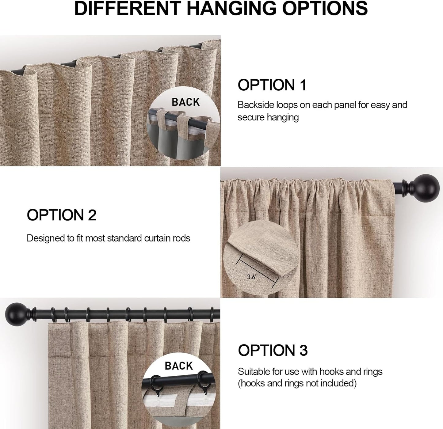 Premium 100% Blackout Heavy Linen Curtains - 52" W x 84" L, Set of 2 Thermal Insulated Textured Drapes for Bedroom and Living Room, Versatile Hanging Options: Hook Belt, Back Tab, Rod Pocket
