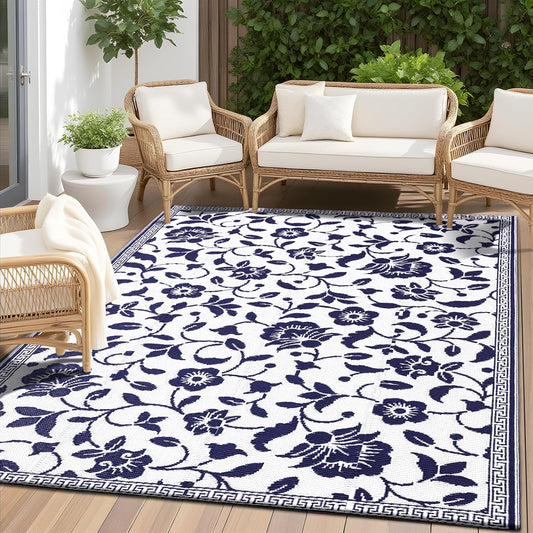 Waterproof Outdoor Rug 5X8 Ft, Outdoor Plastic Straw Rug with Flower Pattern, Reversible RV Mat for Patio, Camping, Balcony, Deck, Backyard, Navy & White