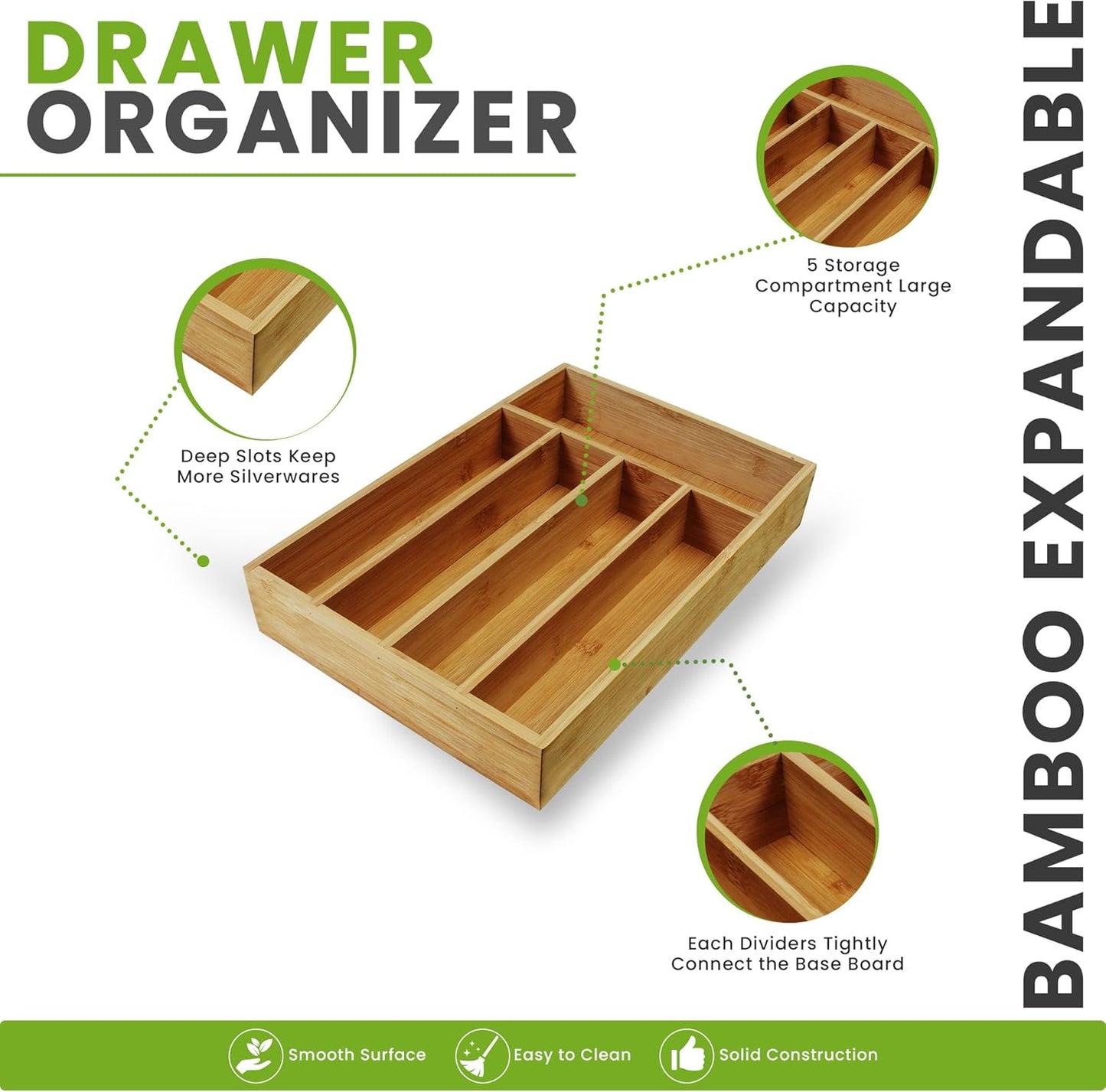 Silverware Organizer, Bamboo Utensil Drawer Organizer for Cutlery, Utensils & Flatware (5 Compartment, Natural) Pack of 1