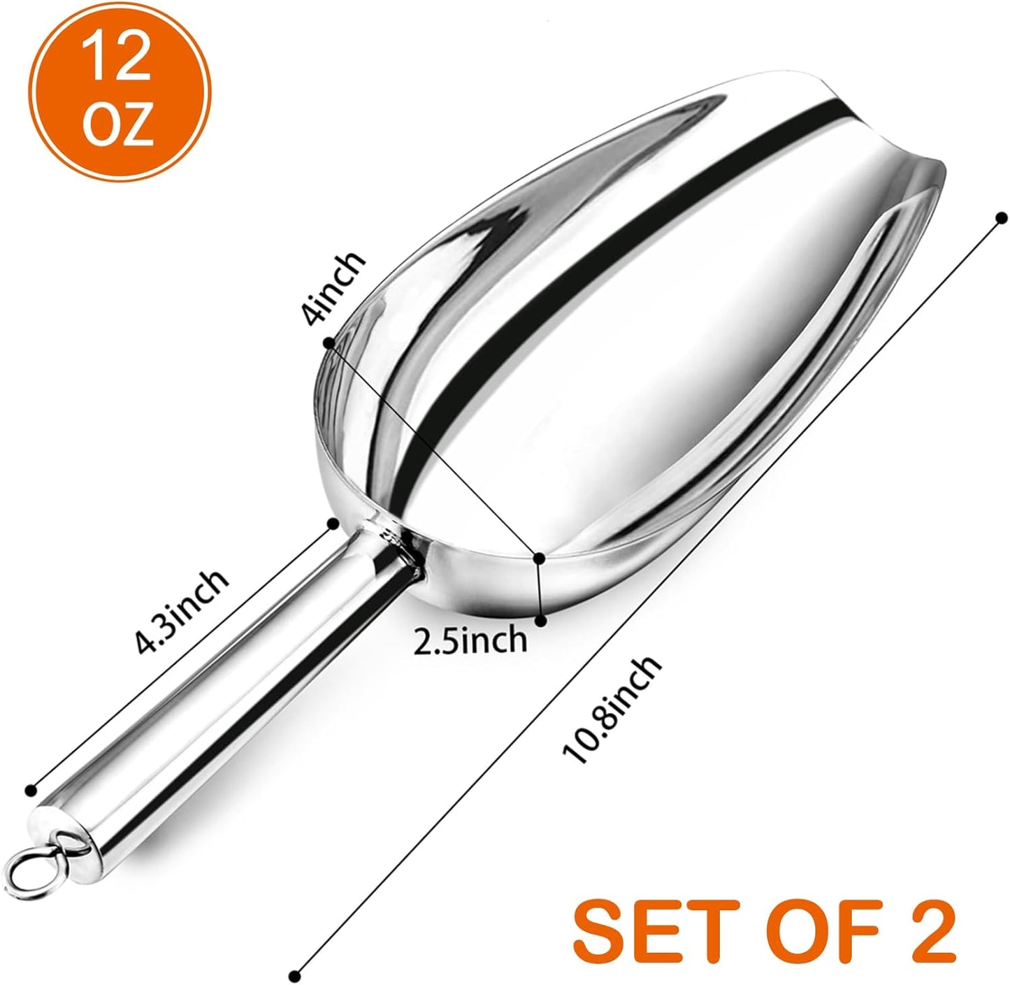 12 Ounce Ice Scoop Set of 2, Stainless Steel Large Food Scoop for Candy Bean Rice Flour Popcorn Cereal, Mirror Finish & Hanging Loop, Sturdy & Dishwasher Safe