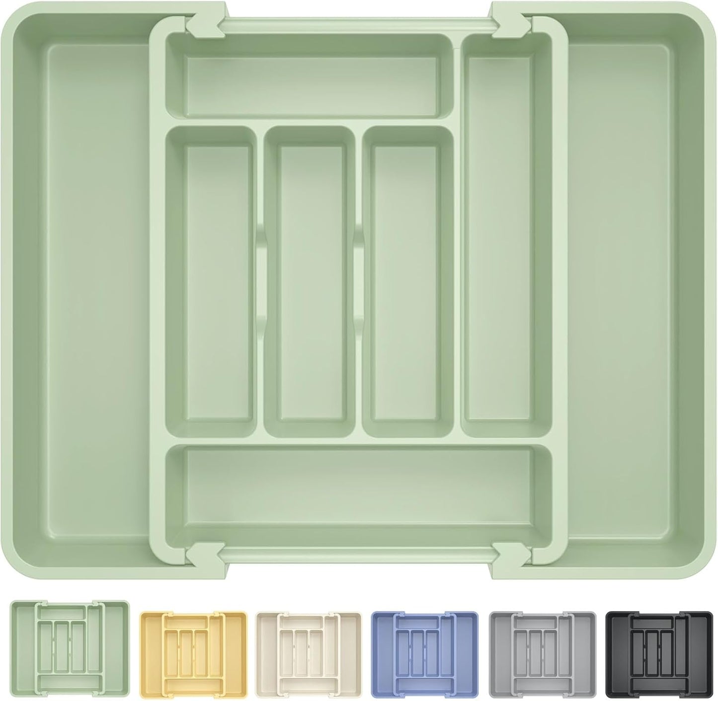Expandable Silverware Organizer for Kitchen Drawers - BPA-Free Thick Plastic with Wider Compartments and Non-Skid Feet (Sage Green)