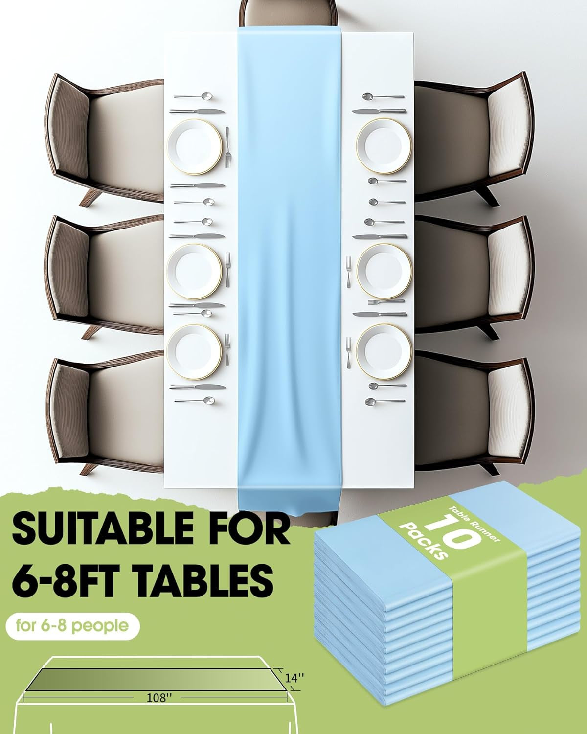 Light Blue Plastic Table Runners - 10 Pack, 14'' X 108'', Water Resistant & Disposable Centerpiece Decorations for Table Cloth, Wedding, Birthday, Holiday, Baby Shower, Party, Home Decor
