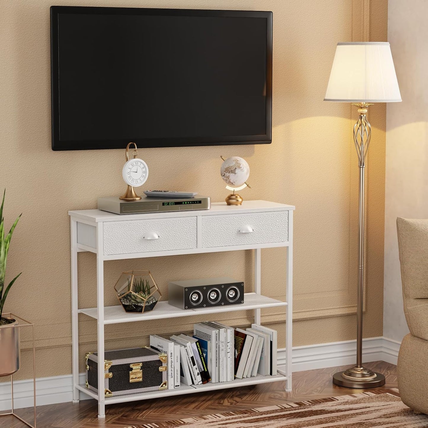 30'' Entryway Table, White Console Table with Storage, Narrow Sofa Table with 2 Drawers and 2 Shelves for Hallway, Living Room, Bedroom, Foyer, Couch, Tv