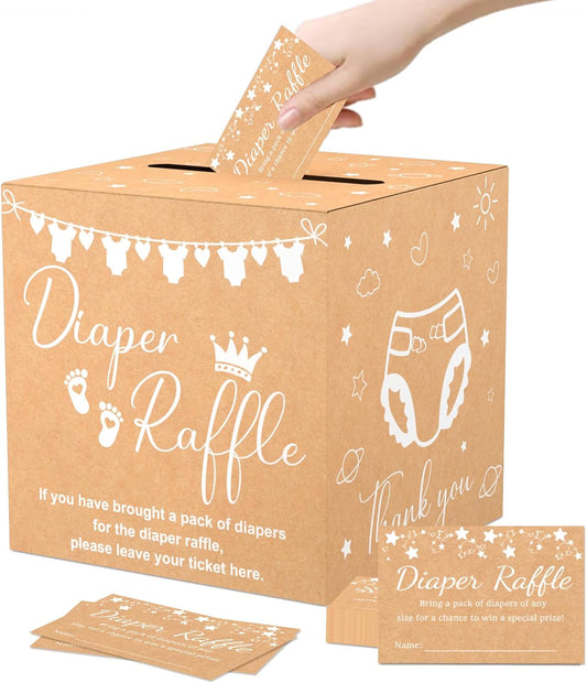 Brown Diaper Raffle Card Box for Baby Shower, 50 Pcs Diaper Raffle Tickets with Advice and Wishes, Gender Reveal Baby Shower Games, Party Decorations Supplies