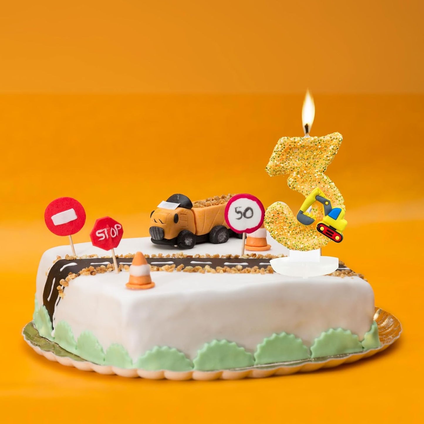 Construction Birthday Candles for Cake Decoration Yellow Glitter Number 2 Candle Construction Cake Topper Construction Themed Cupcake Topper Birthday Party Decorations Supplies Favors
