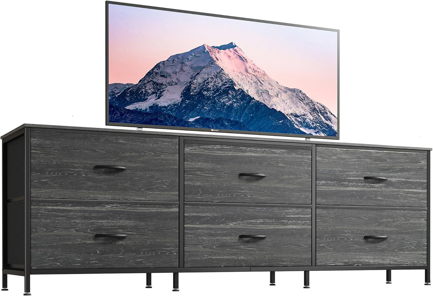 63-Inch Dresser and TV Stand for 55-70 Inch TVs, 6-Drawer Storage Organizer with Fabric Drawers, Charcoal Black Wood Grain Finish for Bedroom and Entryway