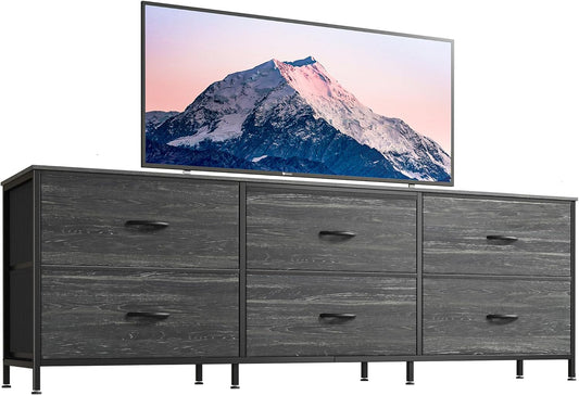 63-Inch Dresser and TV Stand for 55-70 Inch TVs, 6-Drawer Storage Organizer with Fabric Drawers, Charcoal Black Wood Grain Finish for Bedroom and Entryway