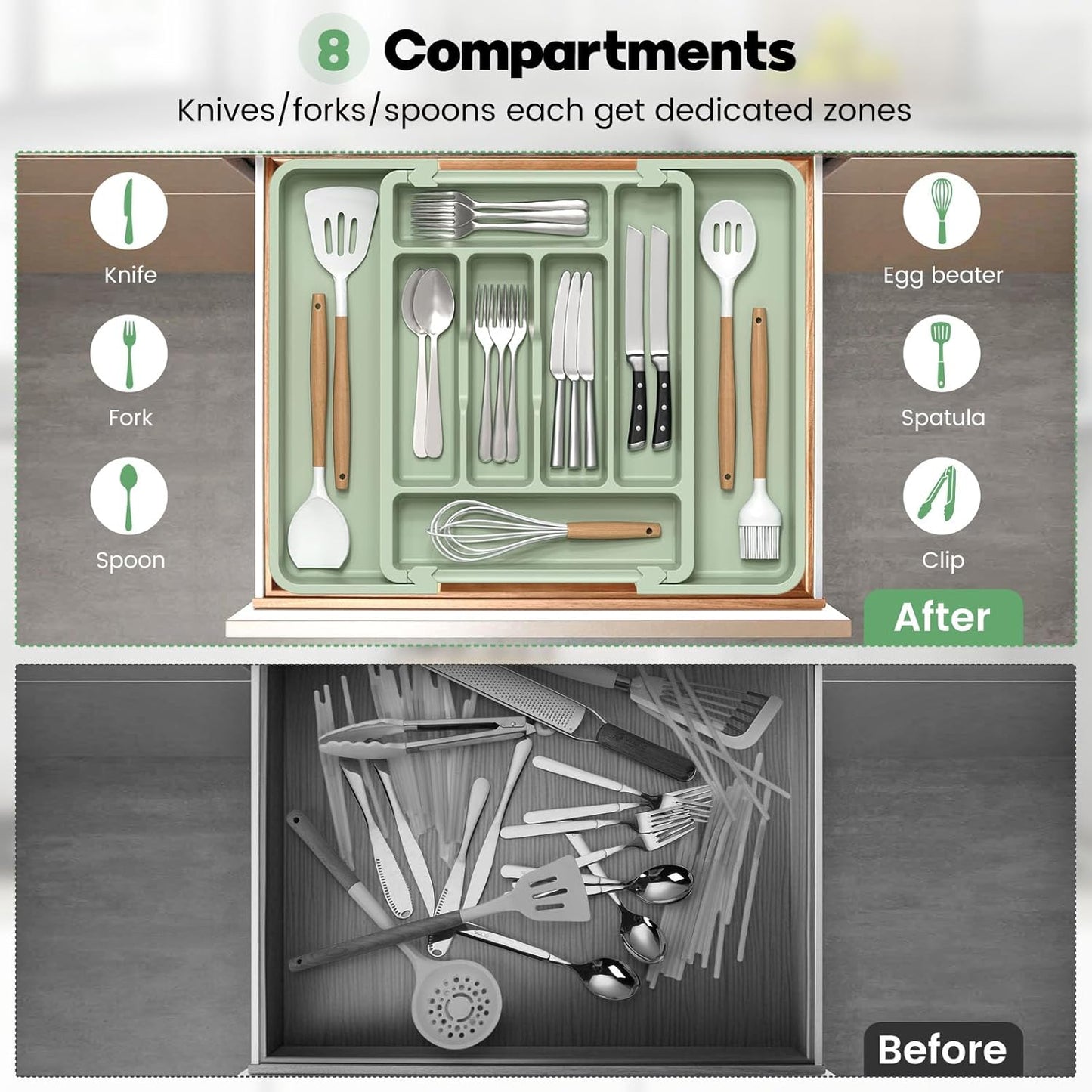 Expandable Silverware Organizer for Kitchen Drawers - BPA-Free Thick Plastic with Wider Compartments and Non-Skid Feet (Sage Green)