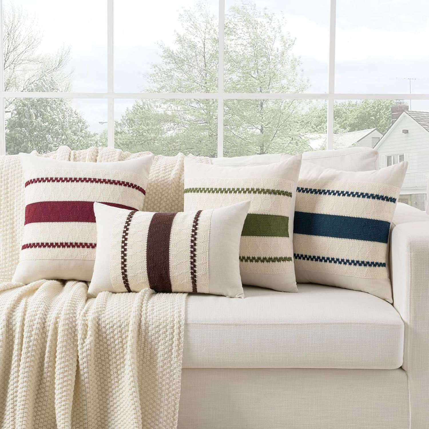 Set of 2 Boho Brown Decorative Throw Pillow Cover 18X18 Inch for Couch Bed Sofa, Aesthetic Modern Organic Farmhouse Home Decor, Soft Cotton Cute Accent Macrame Woven Cushion Case