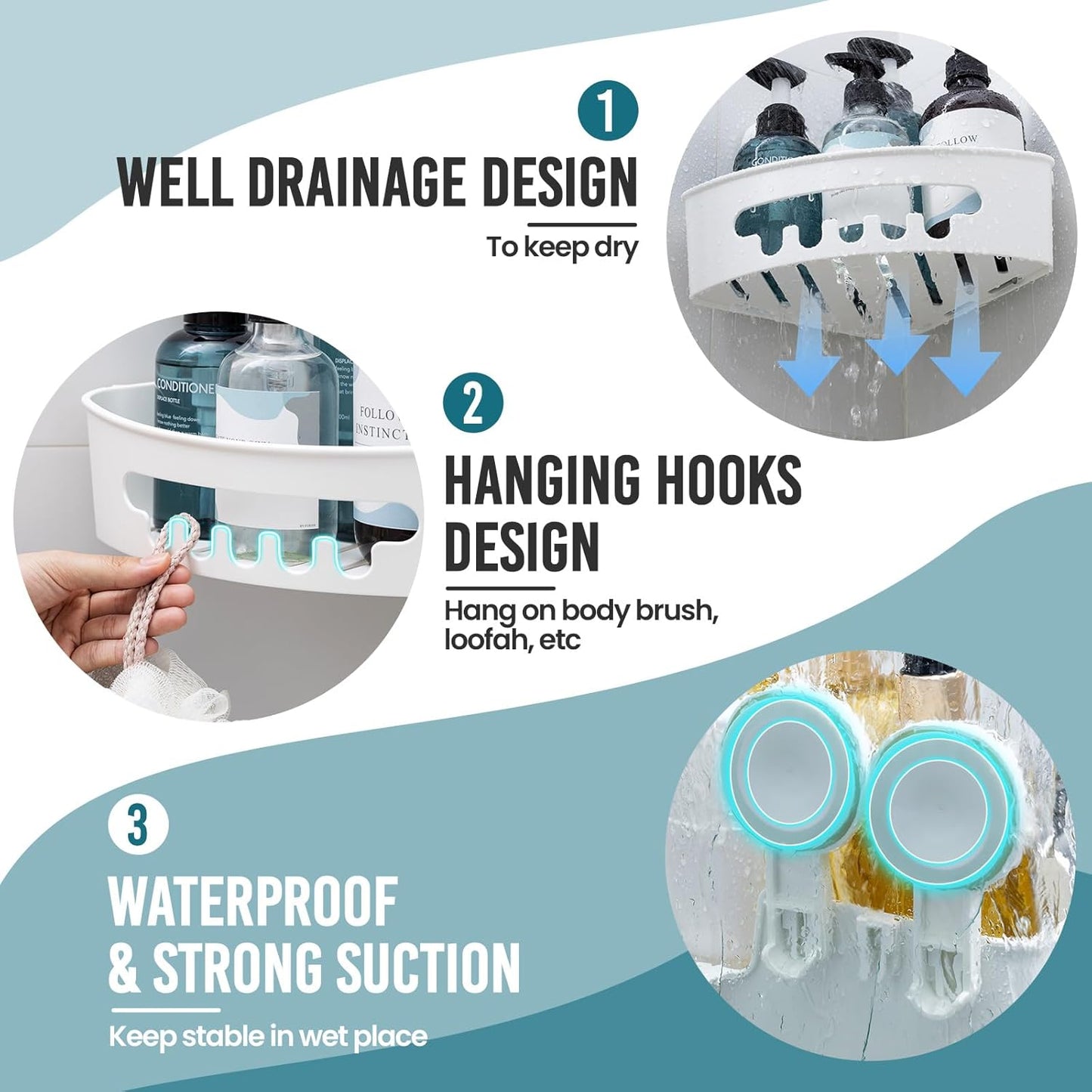 Corner Shower Caddy with Suction Cups, Wall Mounted Organizer Plastic Rack for Small Bathrooms, Kitchen, Removable Drill-Free Heavy Duty Shelf Basket, White