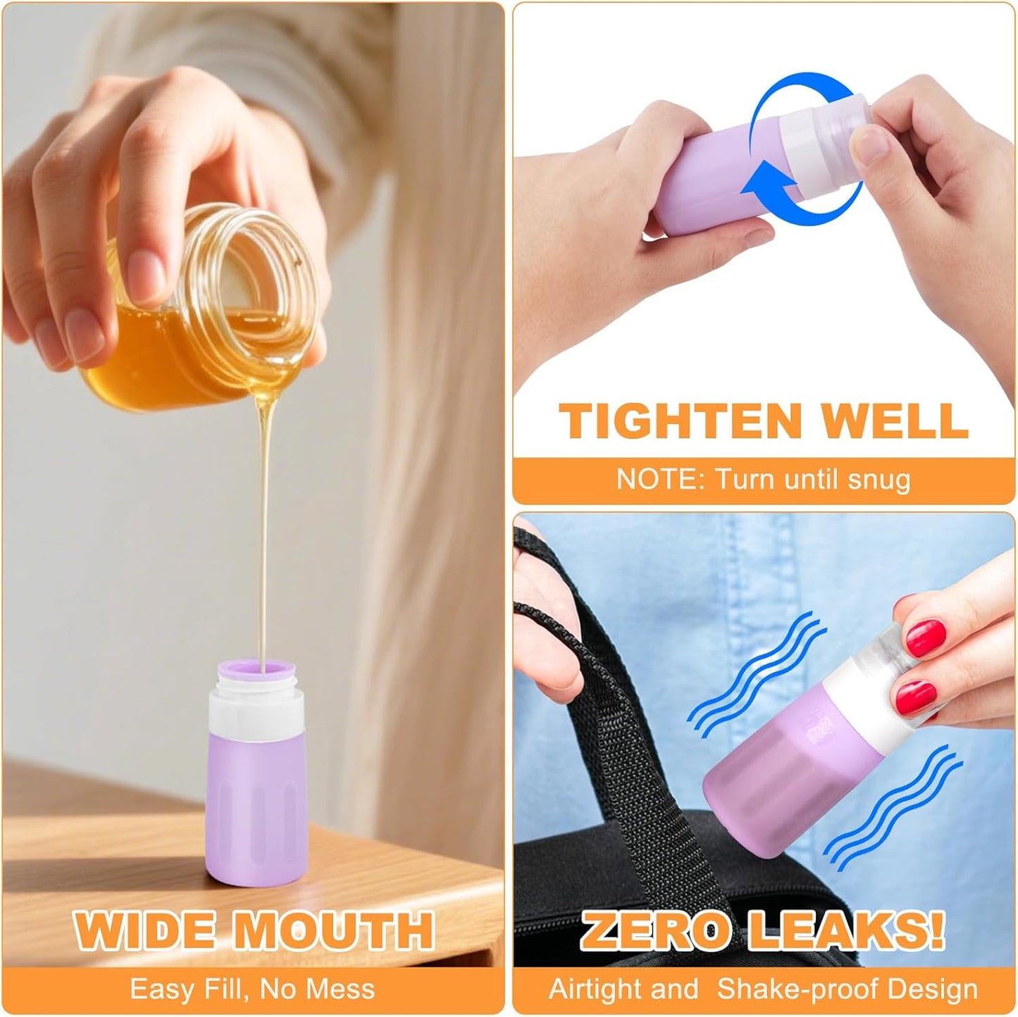 Salad Dressing Container to Go, 4 Pack Condiment Squeeze Bottles for Sauces, Mini Silicone Liquids Containers for Bento Lunch Box, Travel Bottles for Toiletries Refillable with 2 Extra Caps+Brush, 2Oz