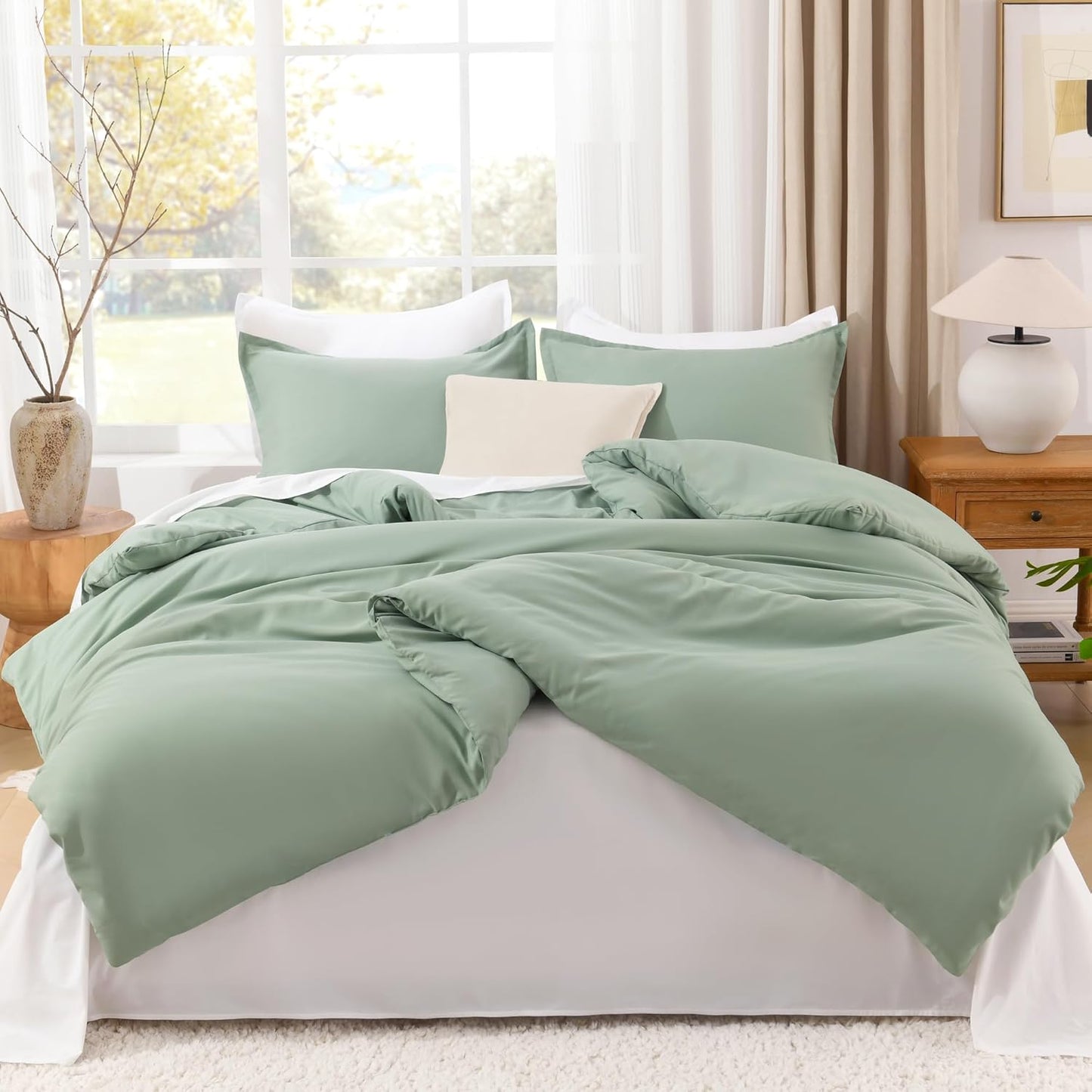 King Size Comforter Set Sage Green, 3 Pieces Lightweight Solid Comforter King Size, All Season Fluffy down Alternative Comforter Bed Set Quilt Blanket