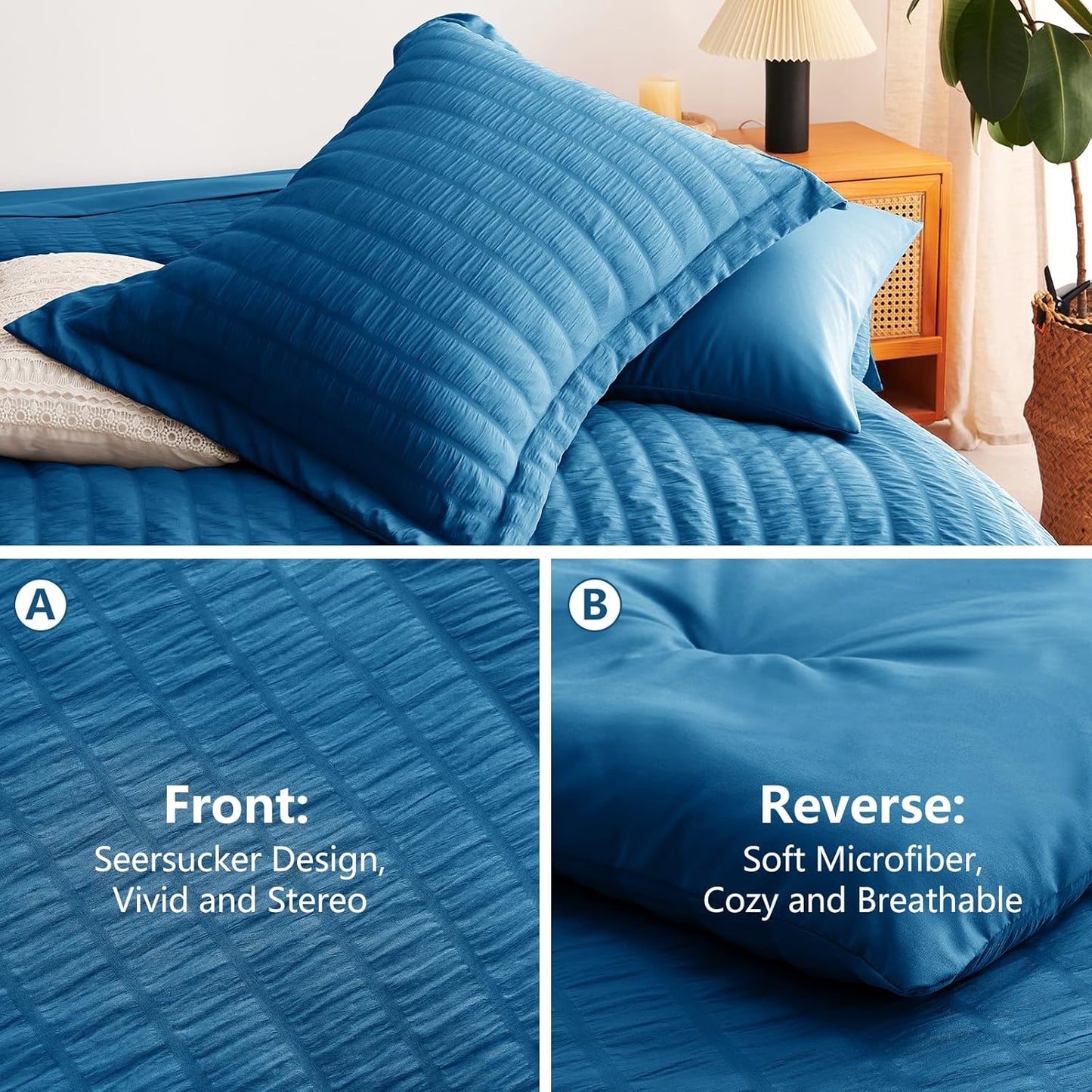 Full Seersucker Comforter Set with Teal Bed in a Bag 7-Pieces All Season Bedding Sets with Comforter, Pillow Sham, Flat Sheet, Fitted Sheet, Pillowcase