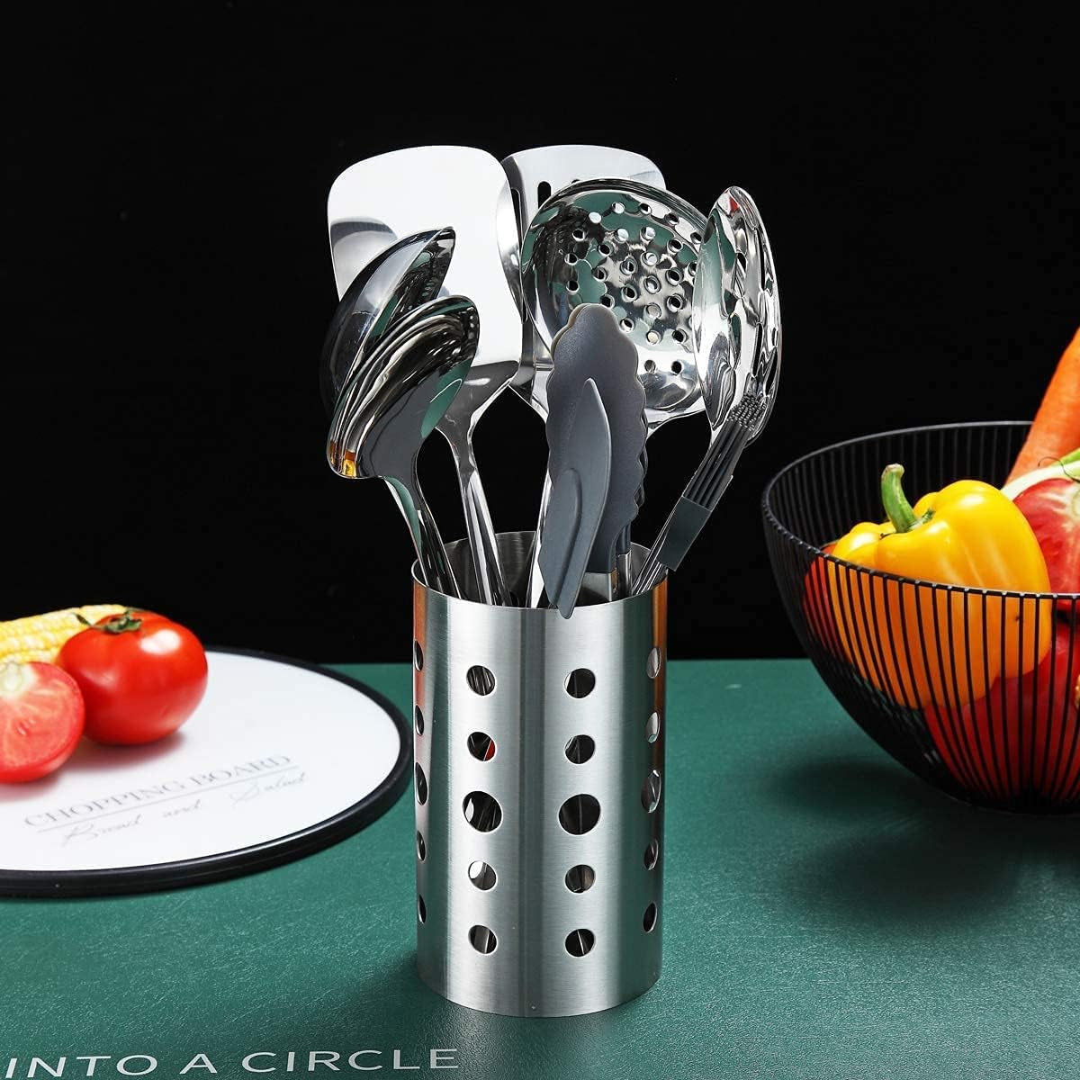 Professional Stainless Steel 13-Piece Cooking Utensils Set with Non-Stick, Heat Resistant Features and Dishwasher Safe Design, Includes Utensil Holder