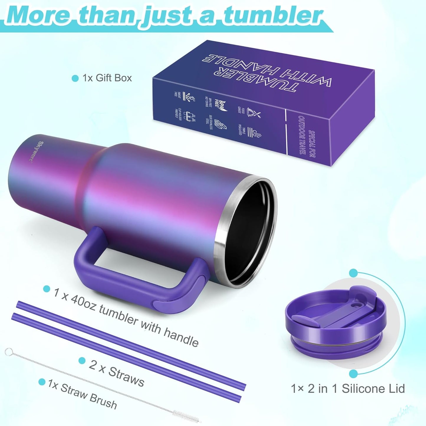 40 Oz Tumbler with Handle and Straw, 2 in 1 Lid, Vacuum Insulated Stainless Steel Double Wall Water Bottle Travel Mug - Holiday Gifts for Women Men - Aurora